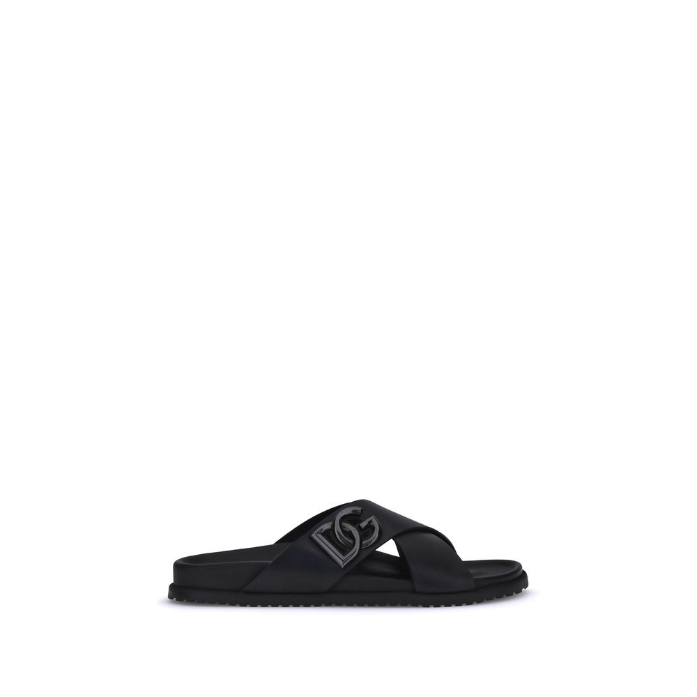 Dolce & Gabbana Black Calf Leather Bos Taurus Flat Sandals
