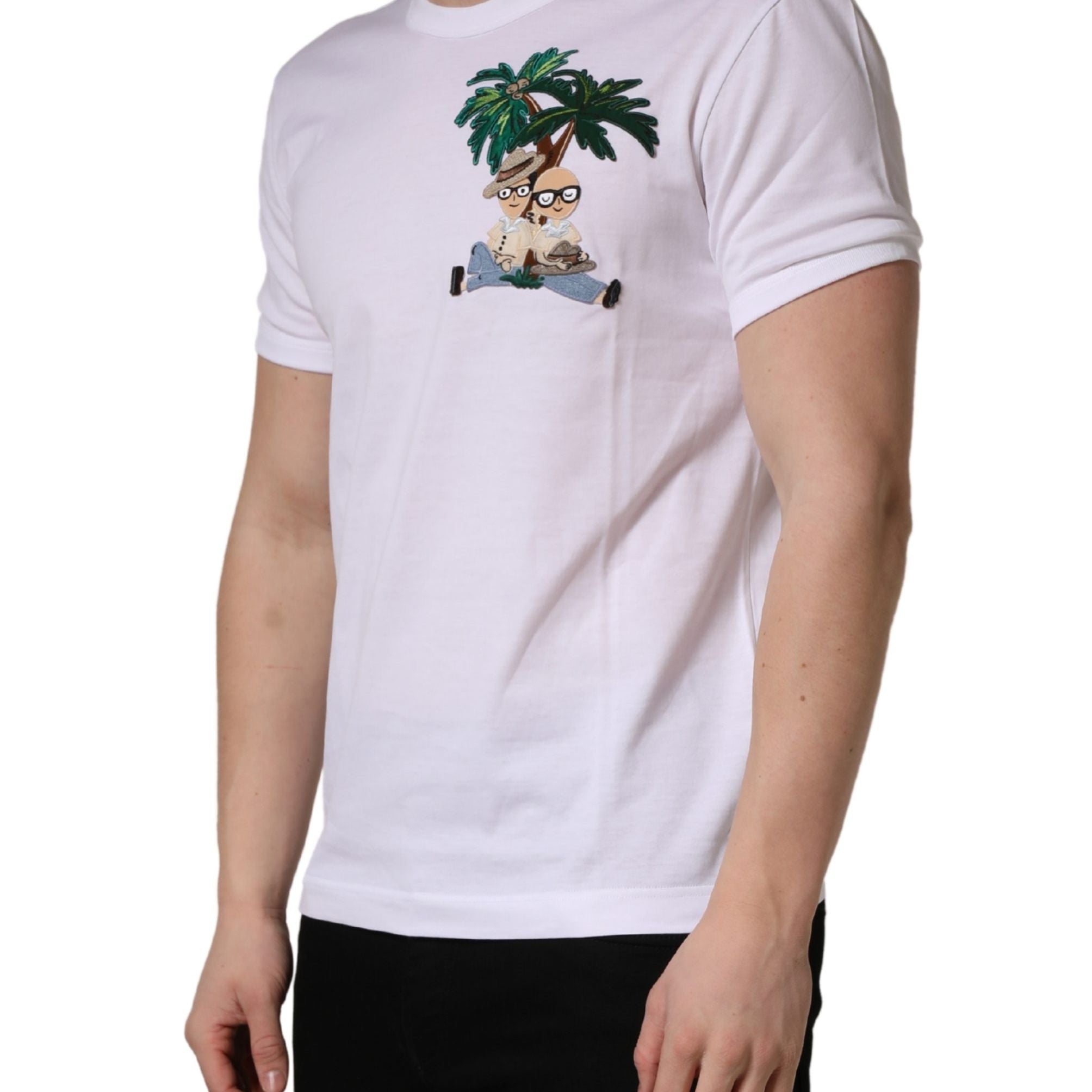 Dolce & Gabbana White Palm Embroidered Men Crew Neck T-shirt