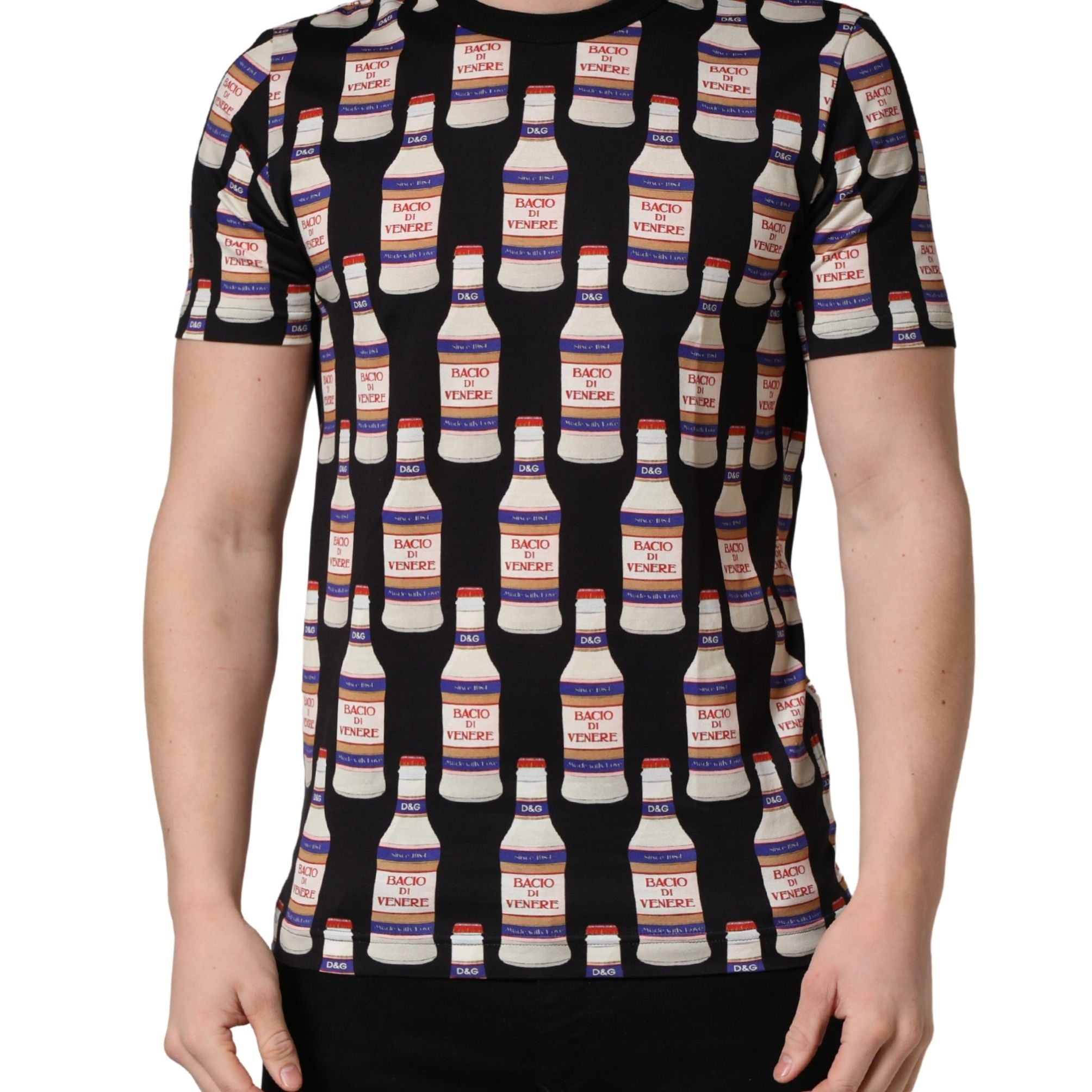Dolce & Gabbana Black Bottle Print Cotton Crew Neck  T-shirt
