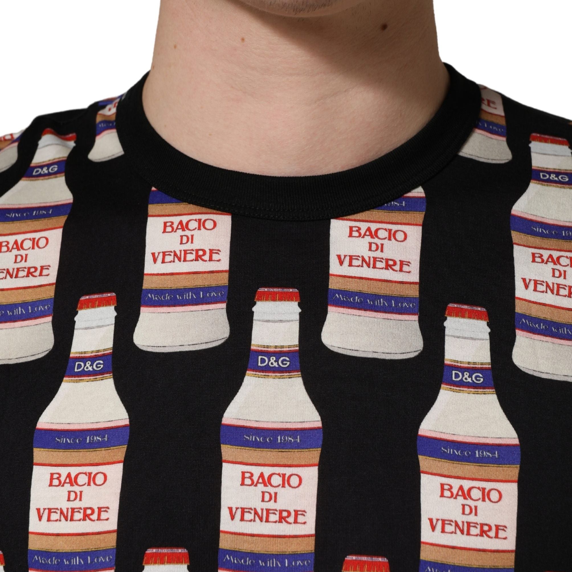 Dolce & Gabbana Black Bottle Print Cotton Crew Neck  T-shirt