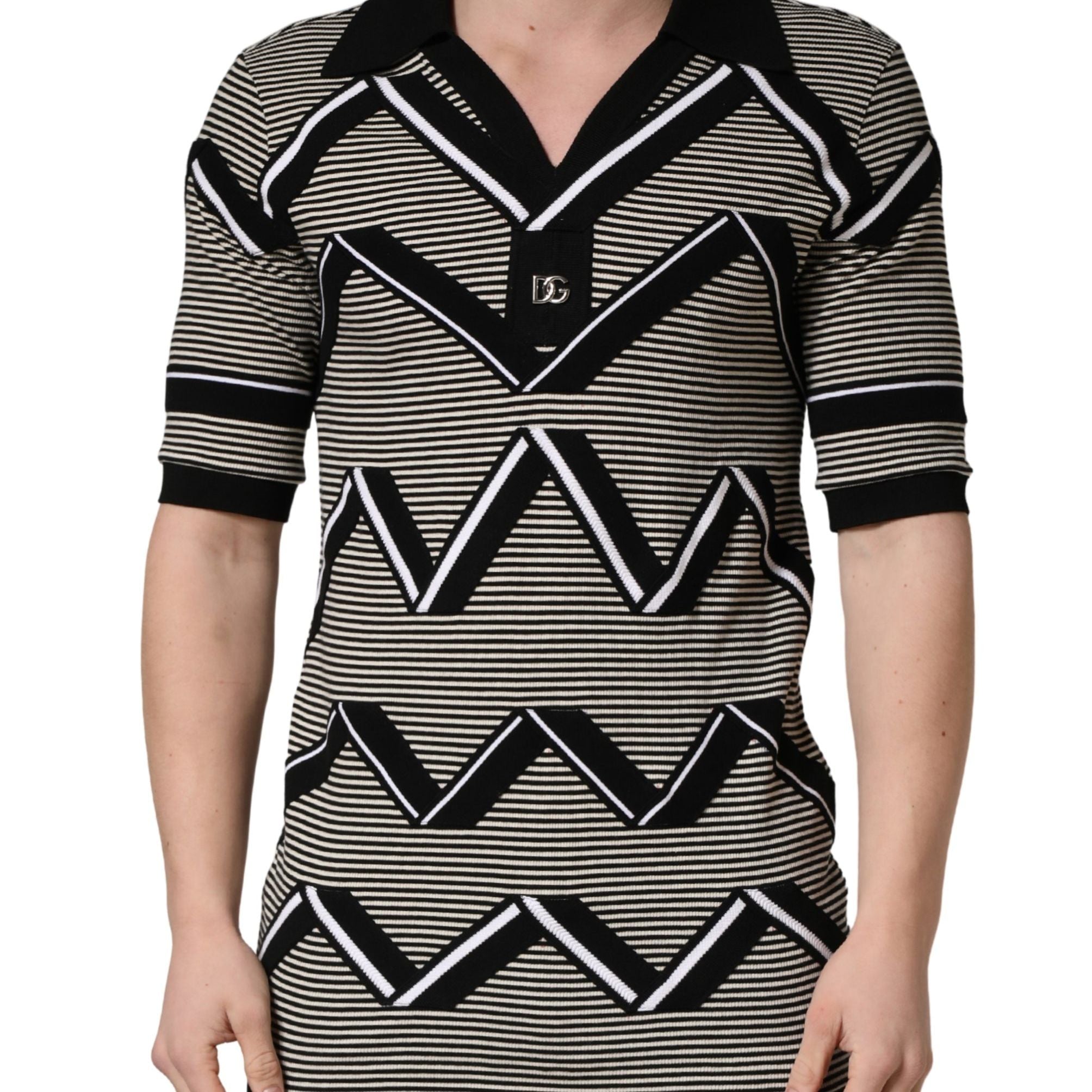 Dolce & Gabbana Black White Zigzag Pattern Cotton Men Polo  T-shirt