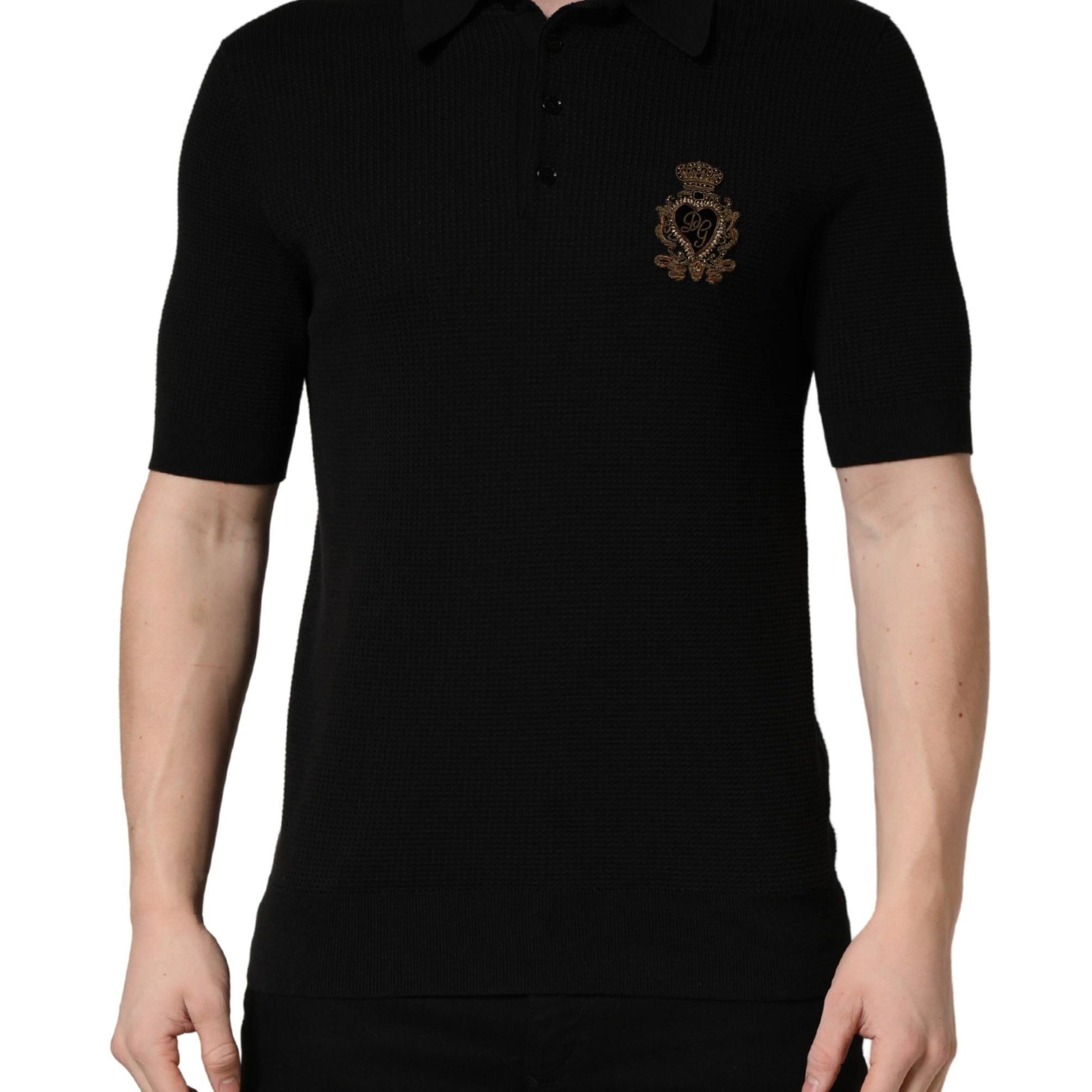Dolce & Gabbana Black Heraldic Crest Patch Silk Polo T-shirt