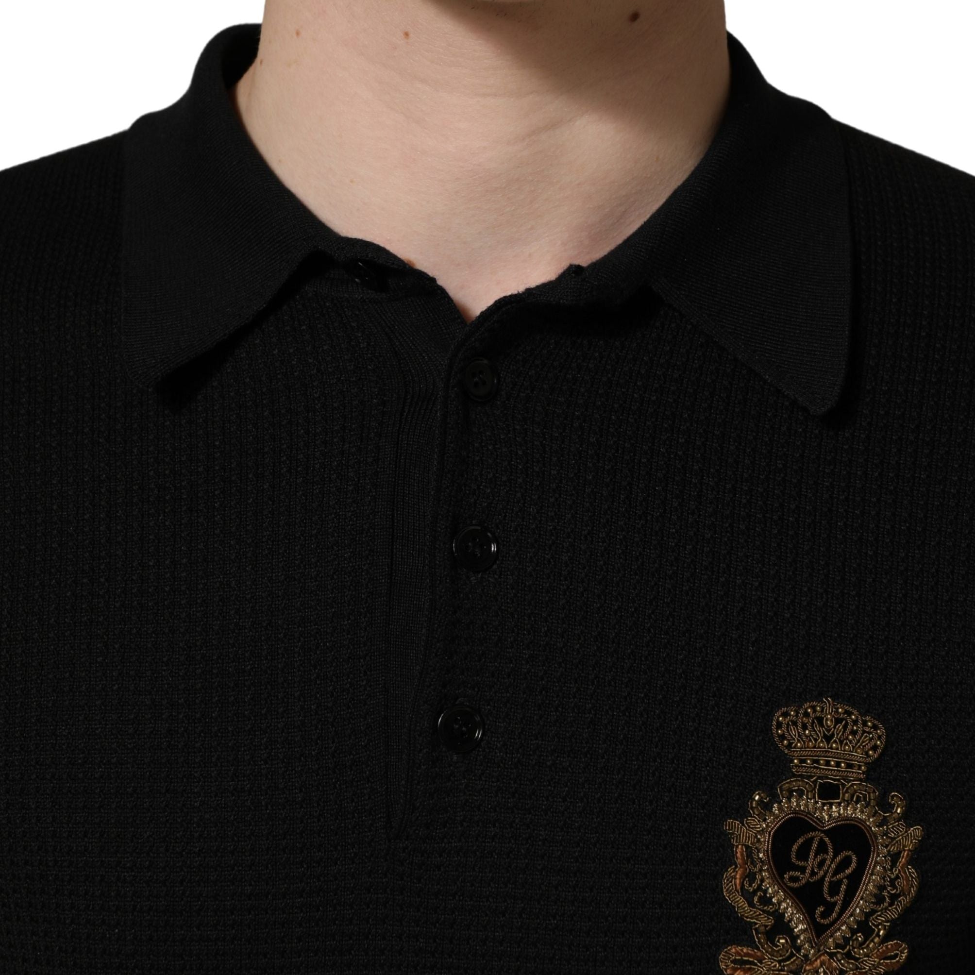 Dolce & Gabbana Black Heraldic Crest Patch Silk Polo T-shirt