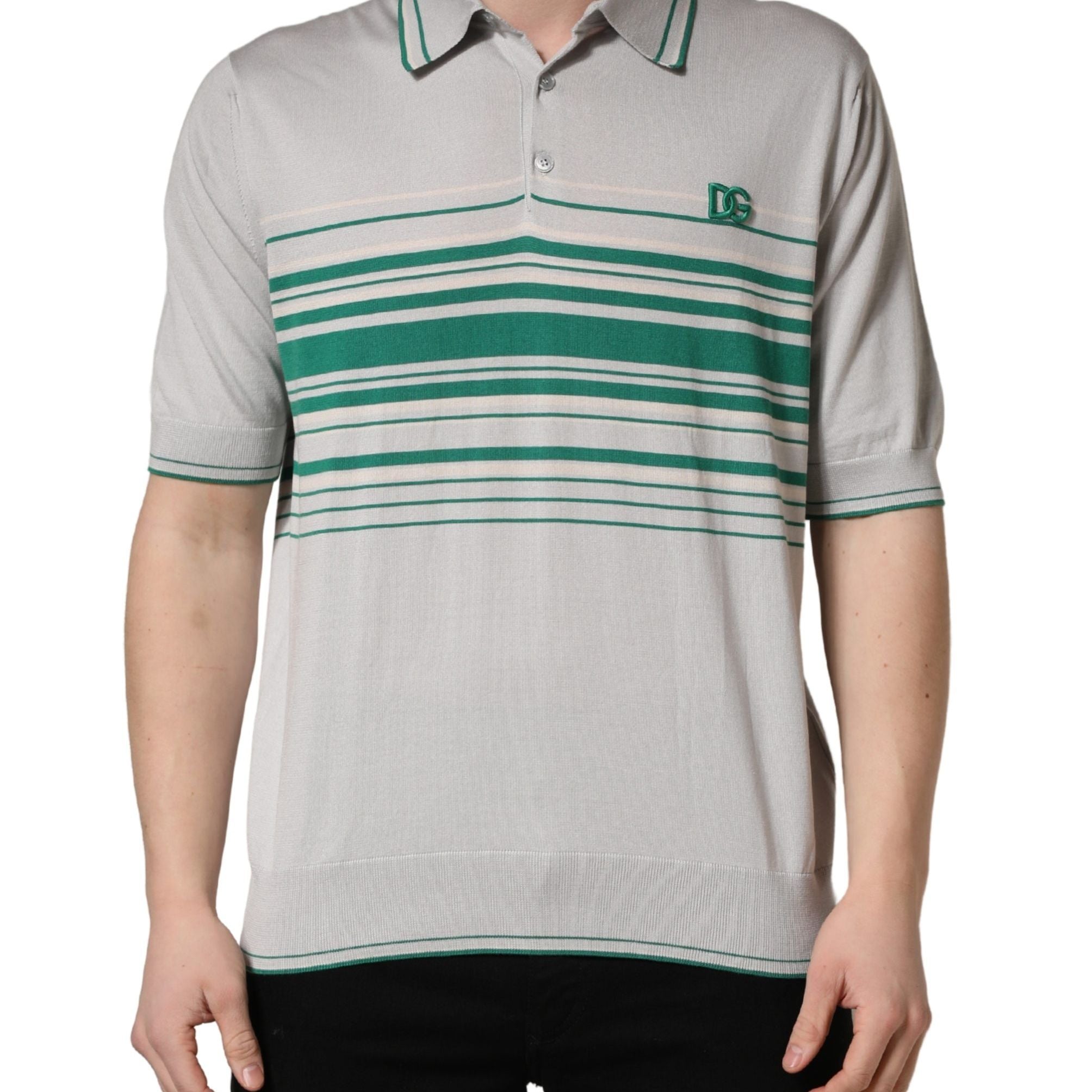 Dolce & Gabbana Gray Green Striped Logo Silk Polo T-shirt