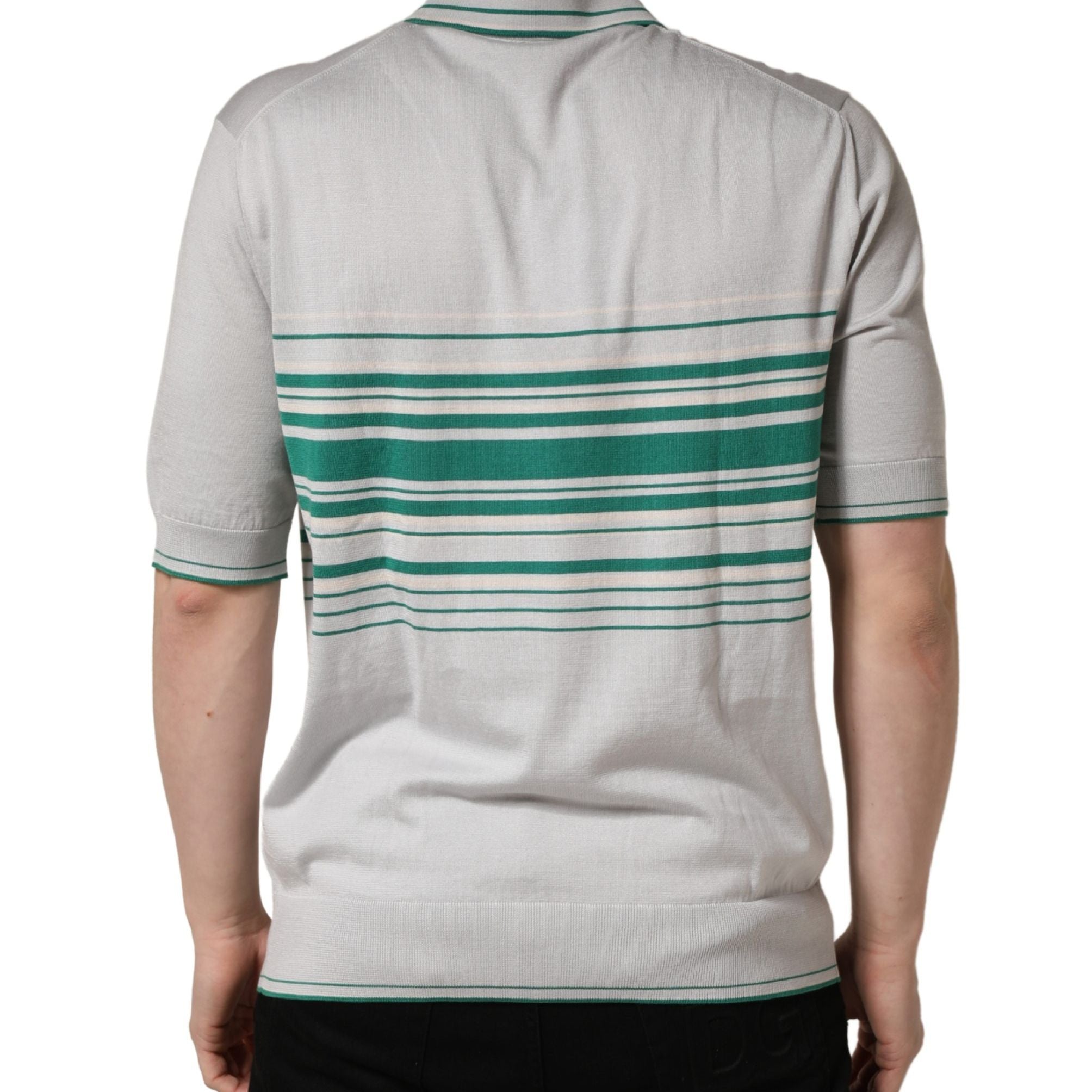 Dolce & Gabbana Gray Green Striped Logo Silk Polo T-shirt