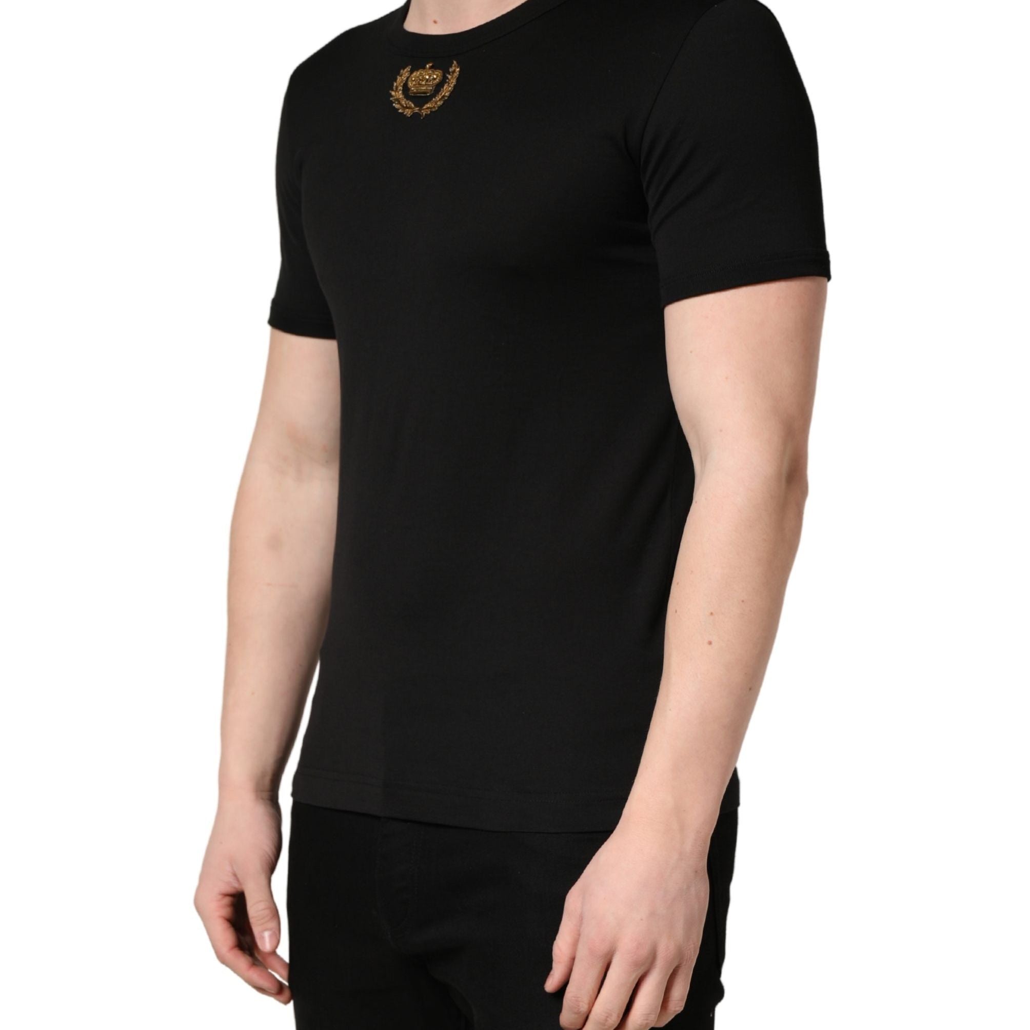 Dolce & Gabbana Black Crown Embroidery Men Crew Neck  T-shirt