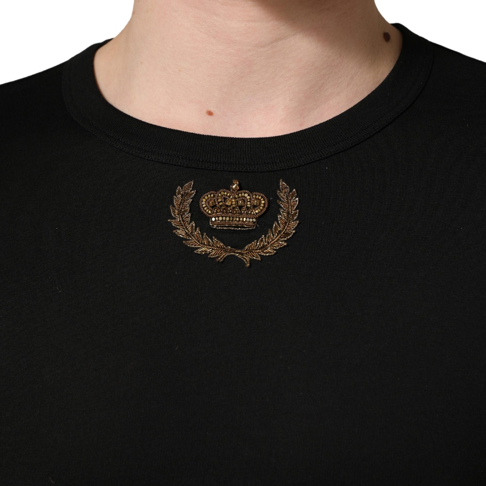 Dolce & Gabbana Black Crown Embroidery Men Crew Neck  T-shirt