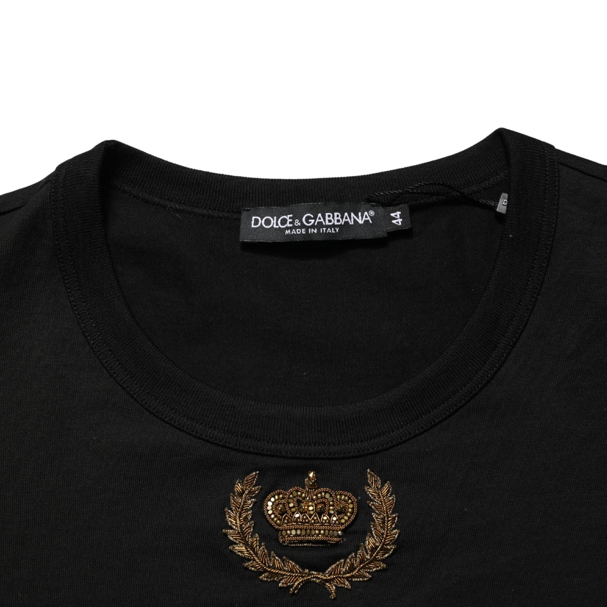 Dolce & Gabbana Black Crown Embroidery Men Crew Neck  T-shirt