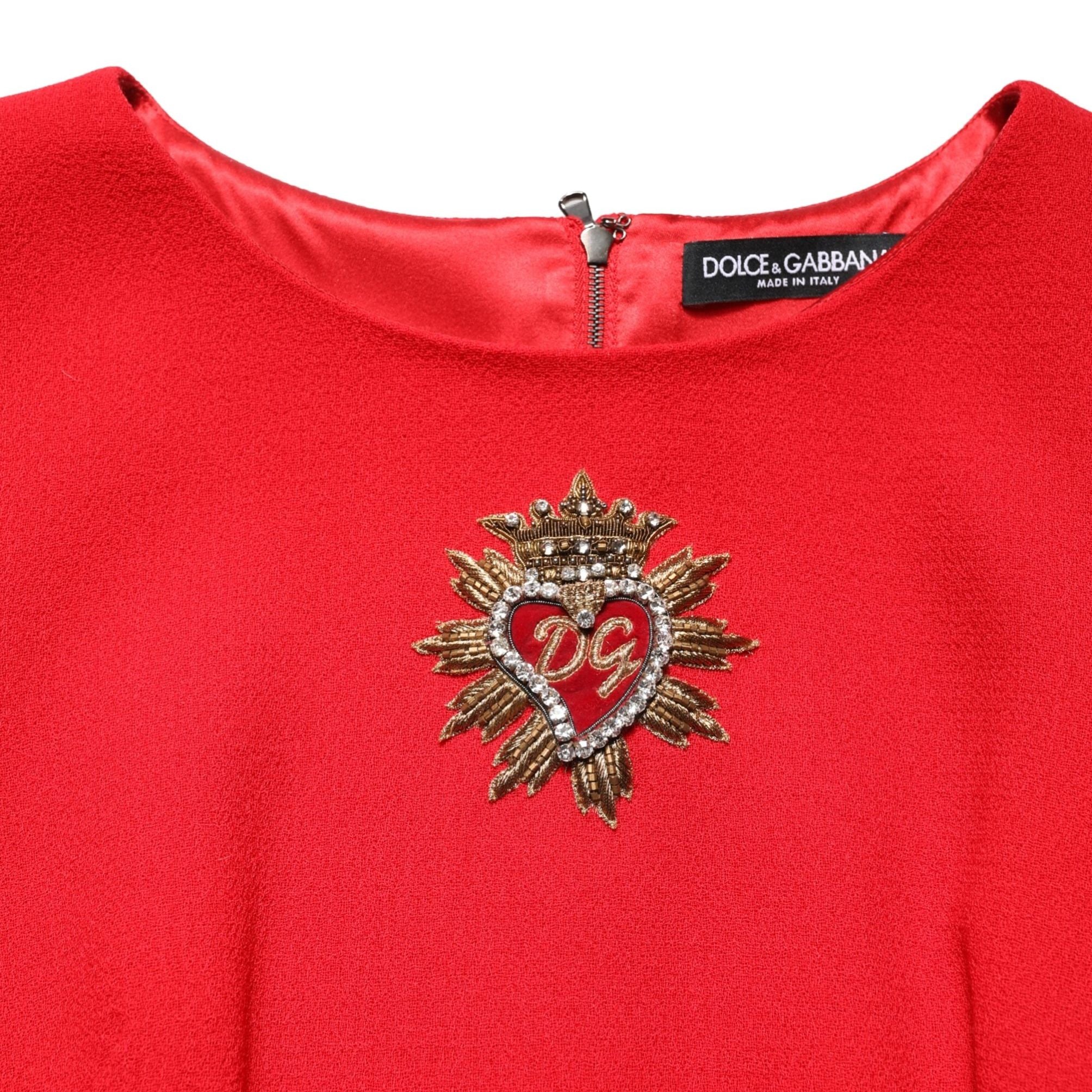 Dolce & Gabbana Red Heart Emmbellished Wool Mini  Dress
