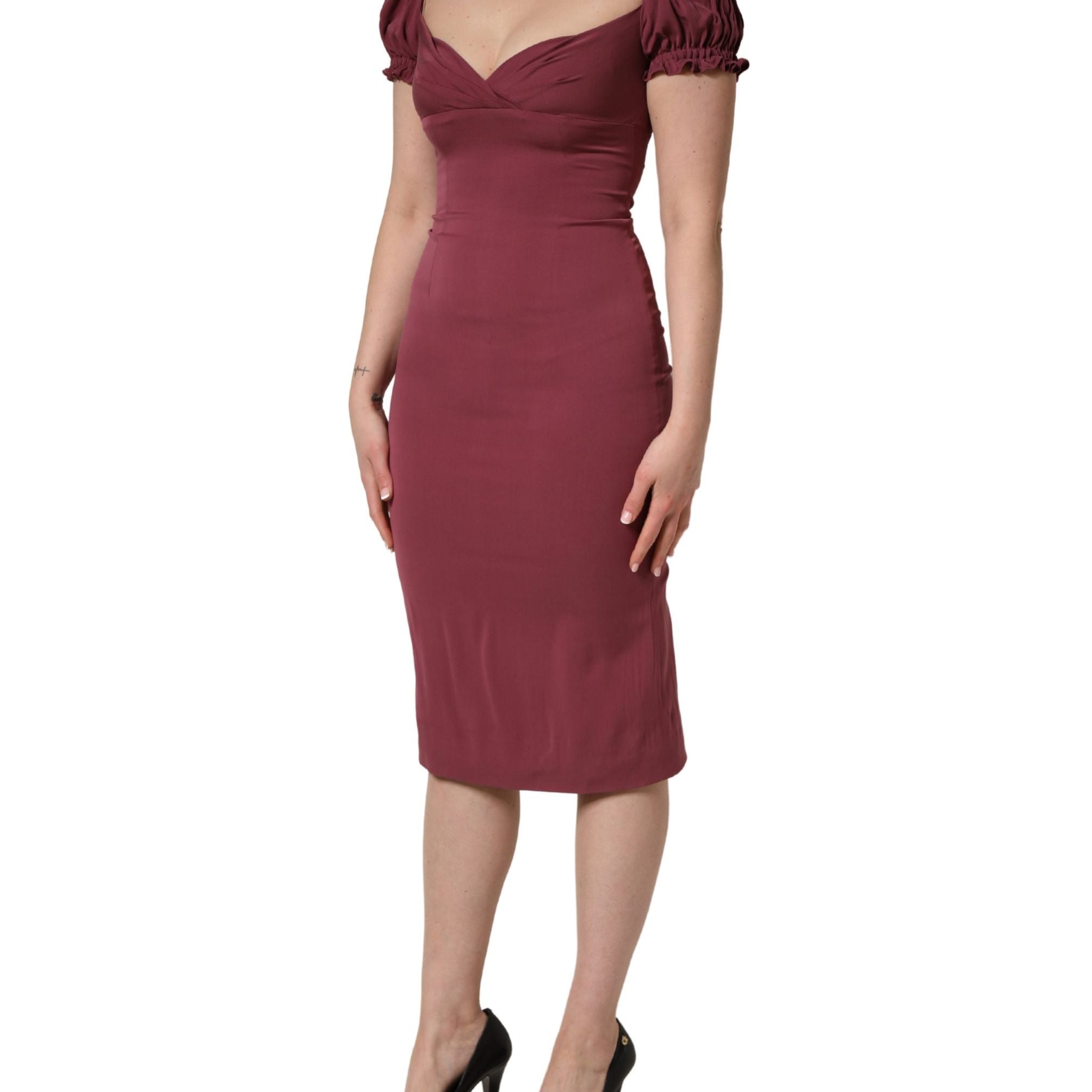 Dolce & Gabbana Maroon Silk Sweetheart Sheath Midi Dress