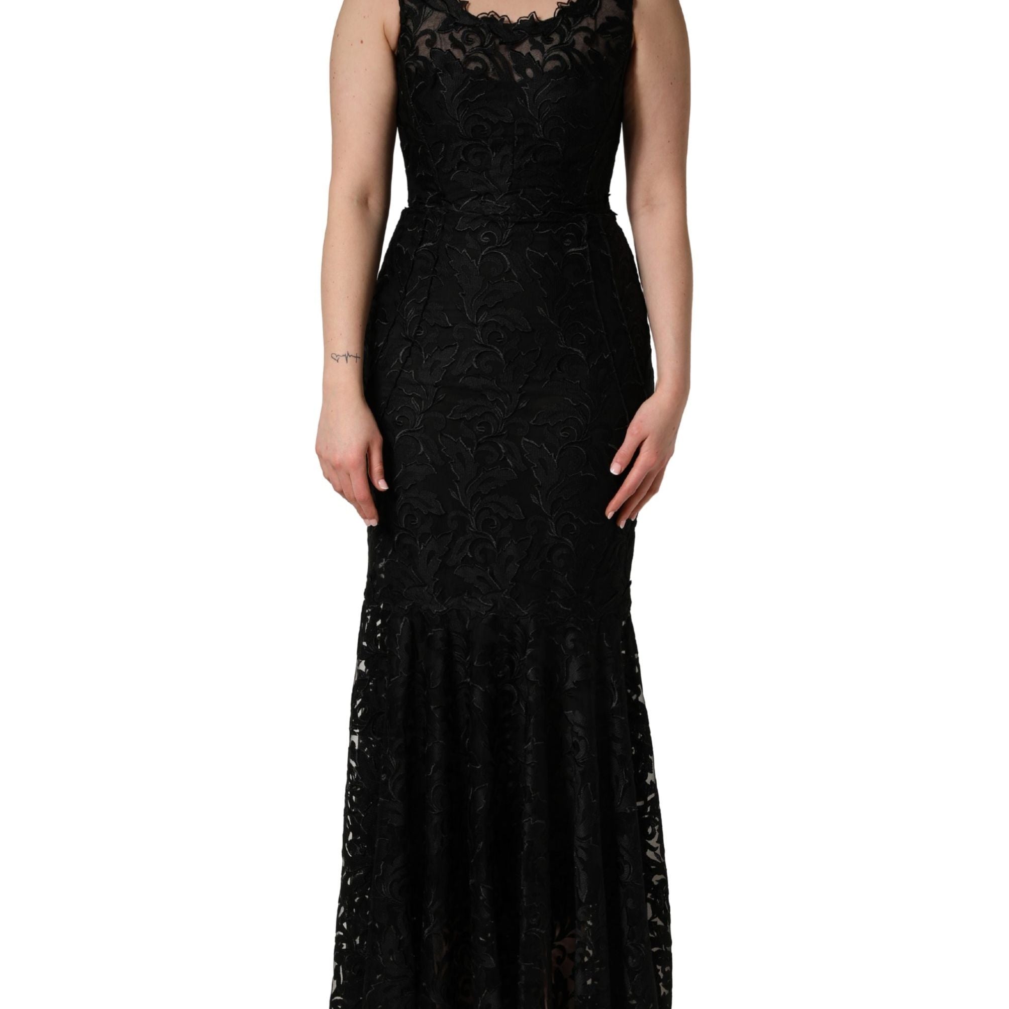 Dolce & Gabbana Black Floral Lace Evening Long Gown Dress