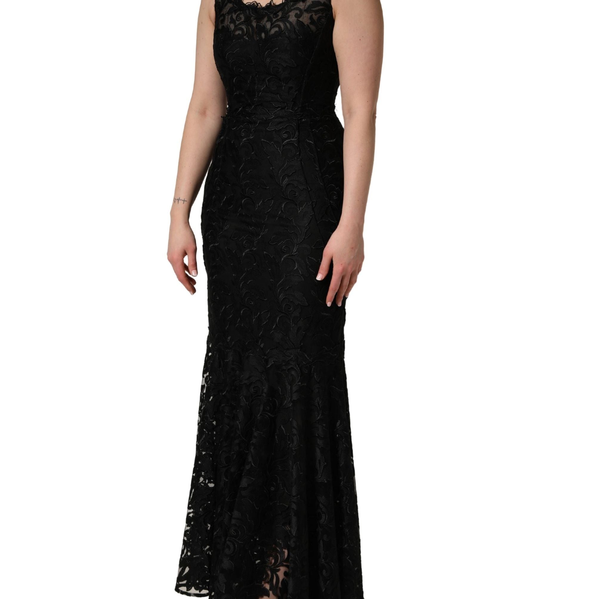 Dolce & Gabbana Black Floral Lace Evening Long Gown Dress