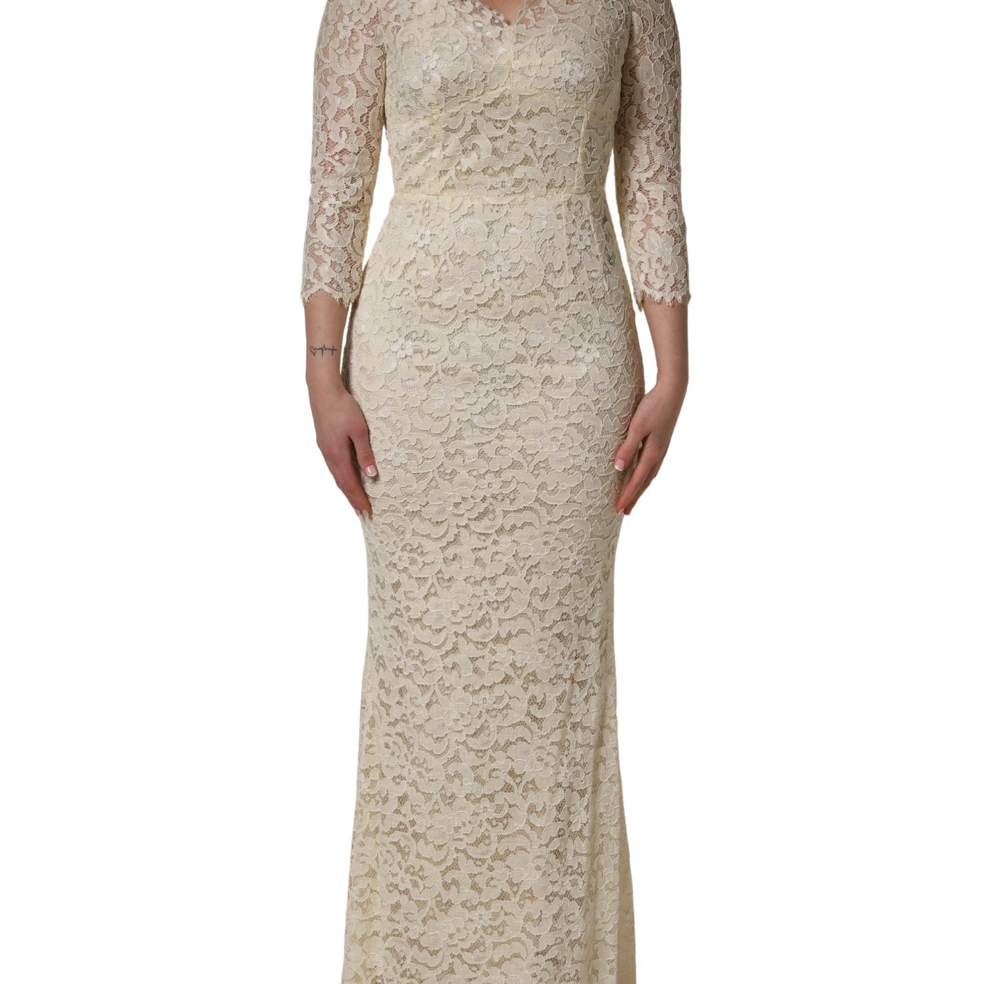 Dolce & Gabbana Off White Floral Lace Sheath Maxi Dress