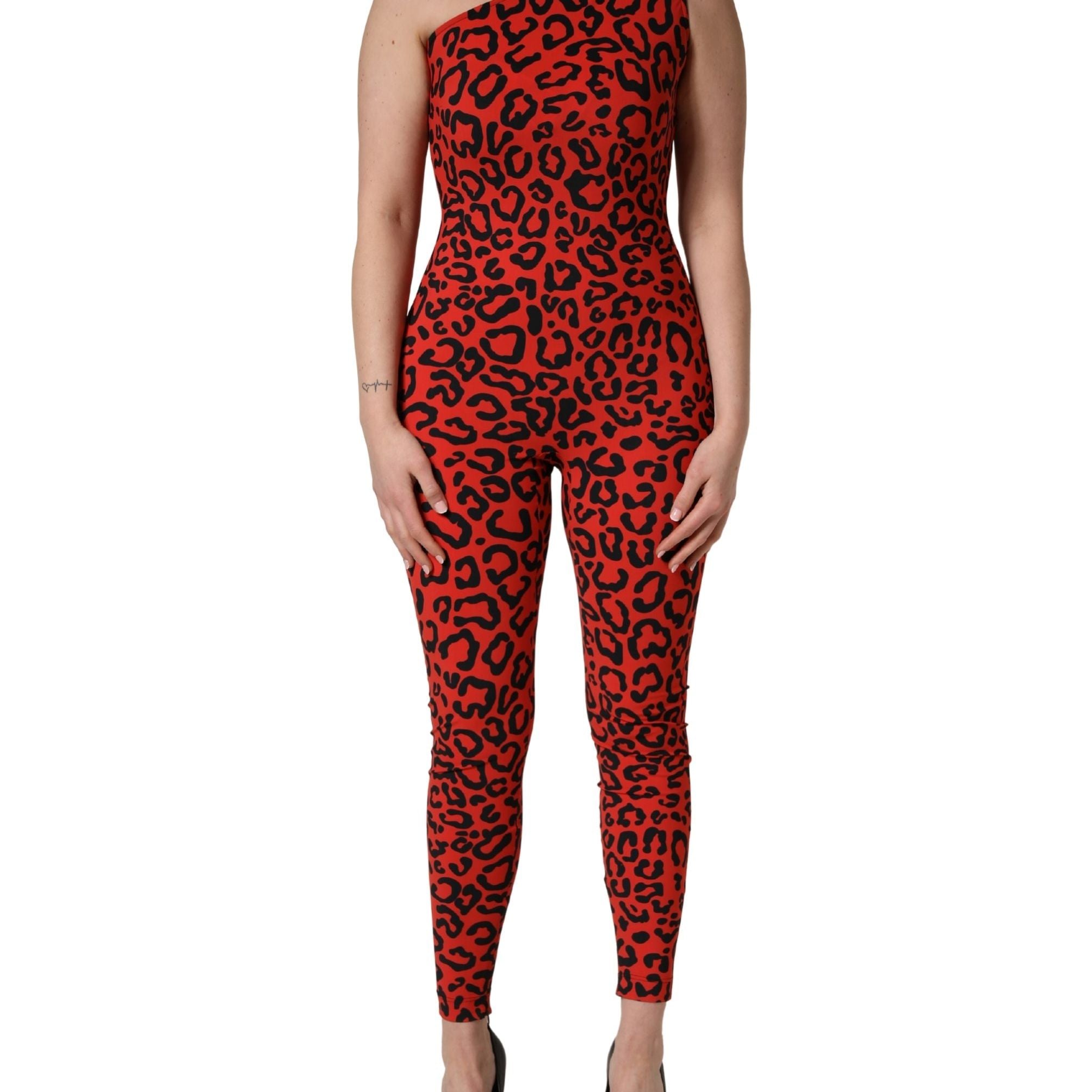 Dolce & Gabbana Black Red Nylon Leopard Pattern Jumpsuit