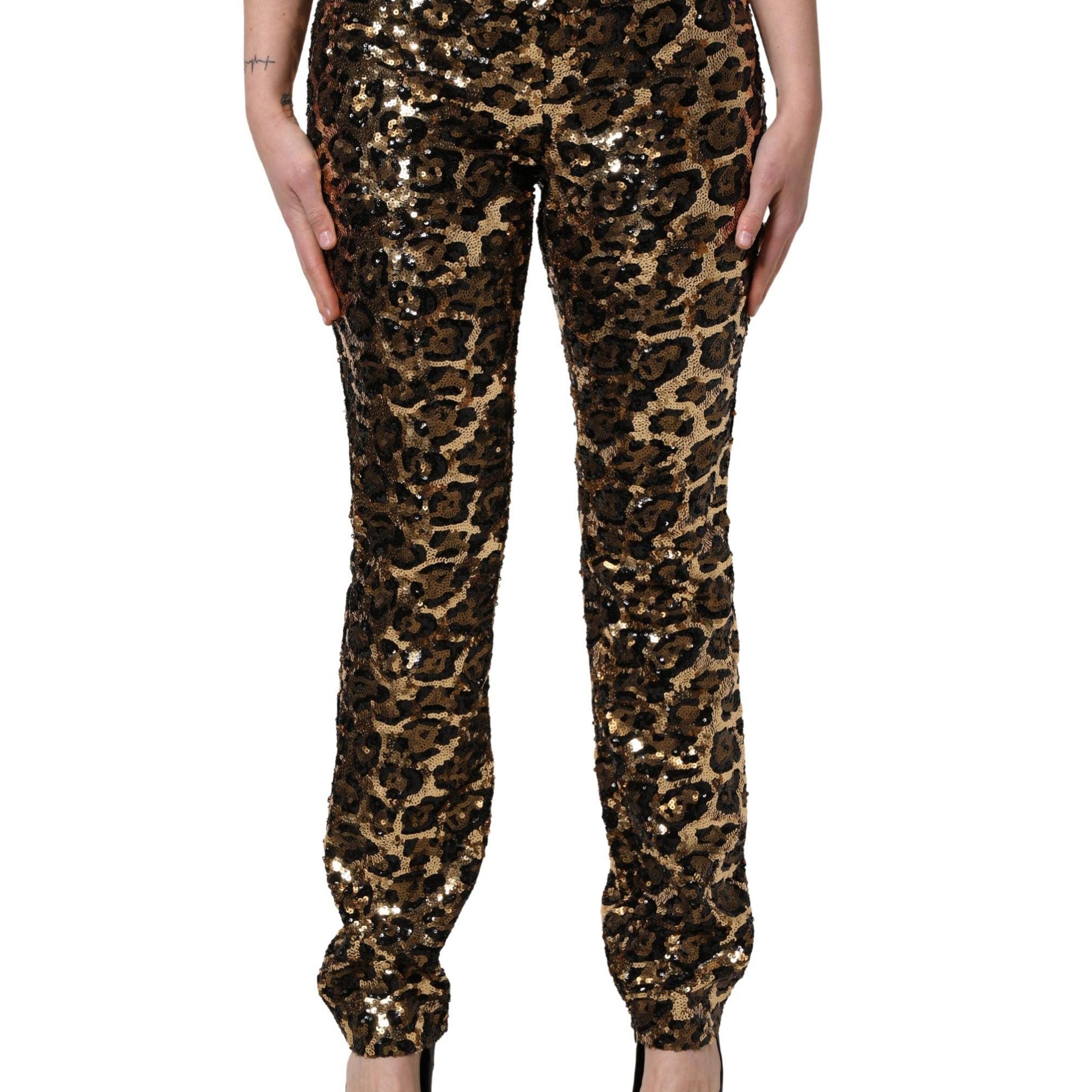 Dolce & Gabbana Gold Leopard Sequined Straight Trouser Pants