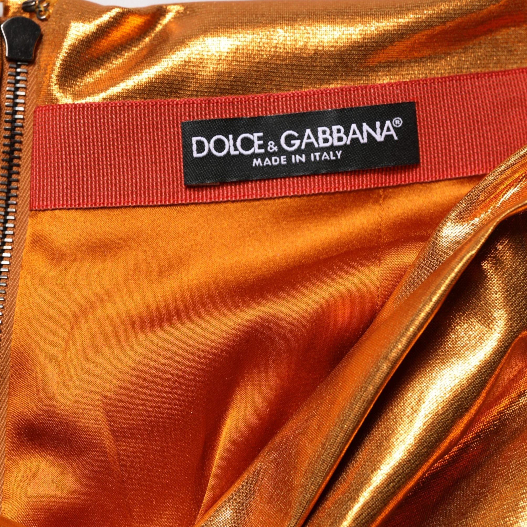 Dolce & Gabbana Metallic Orange Ruched Lame Bodycon Mini Skirt