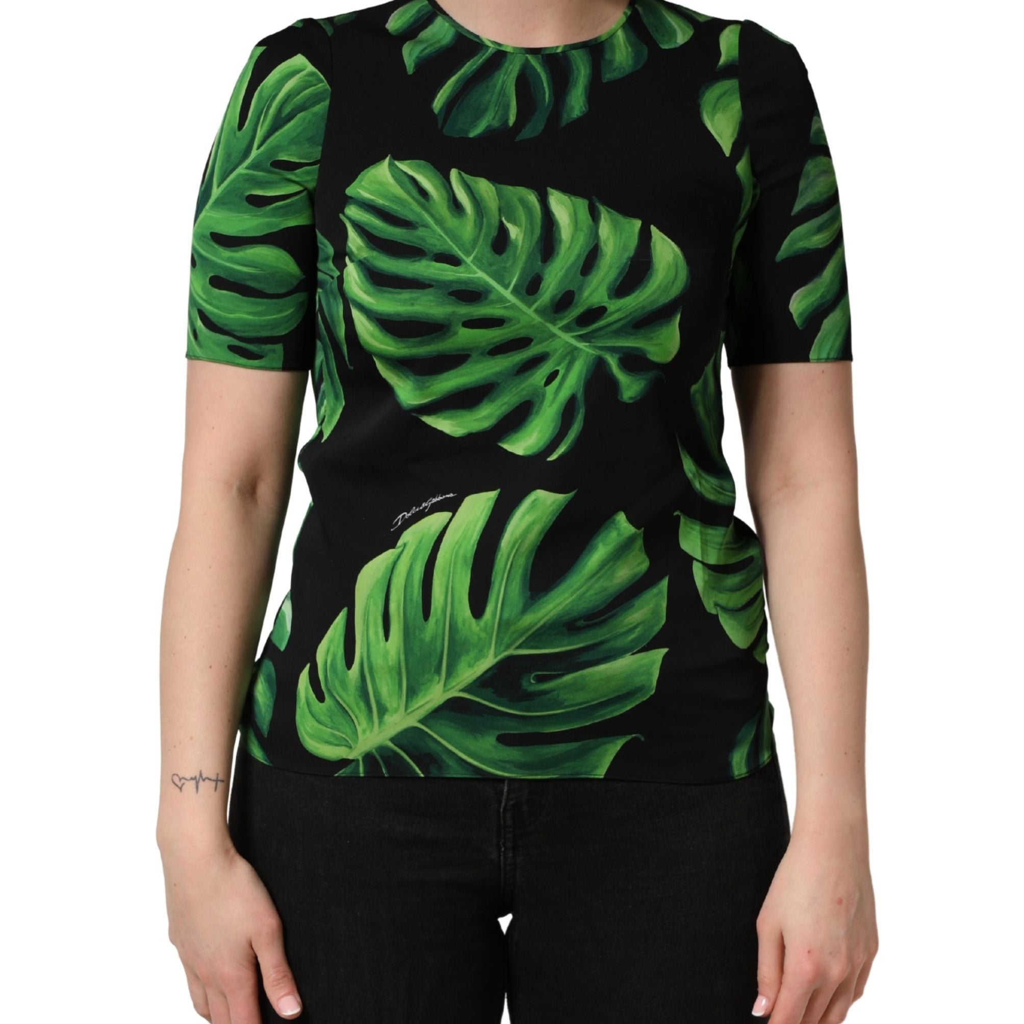 Dolce & Gabbana Black Philodendron Print Silk Blouse Top
