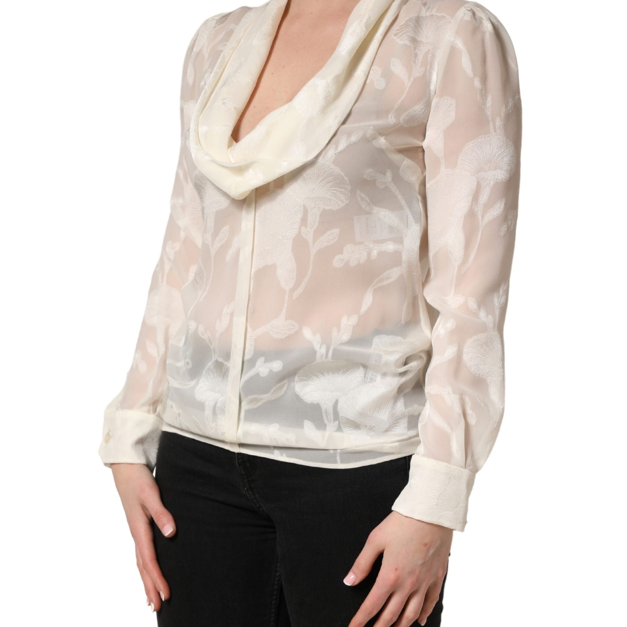 Dolce & Gabbana Off White Floral Semi Sheer Silk Blouse Top