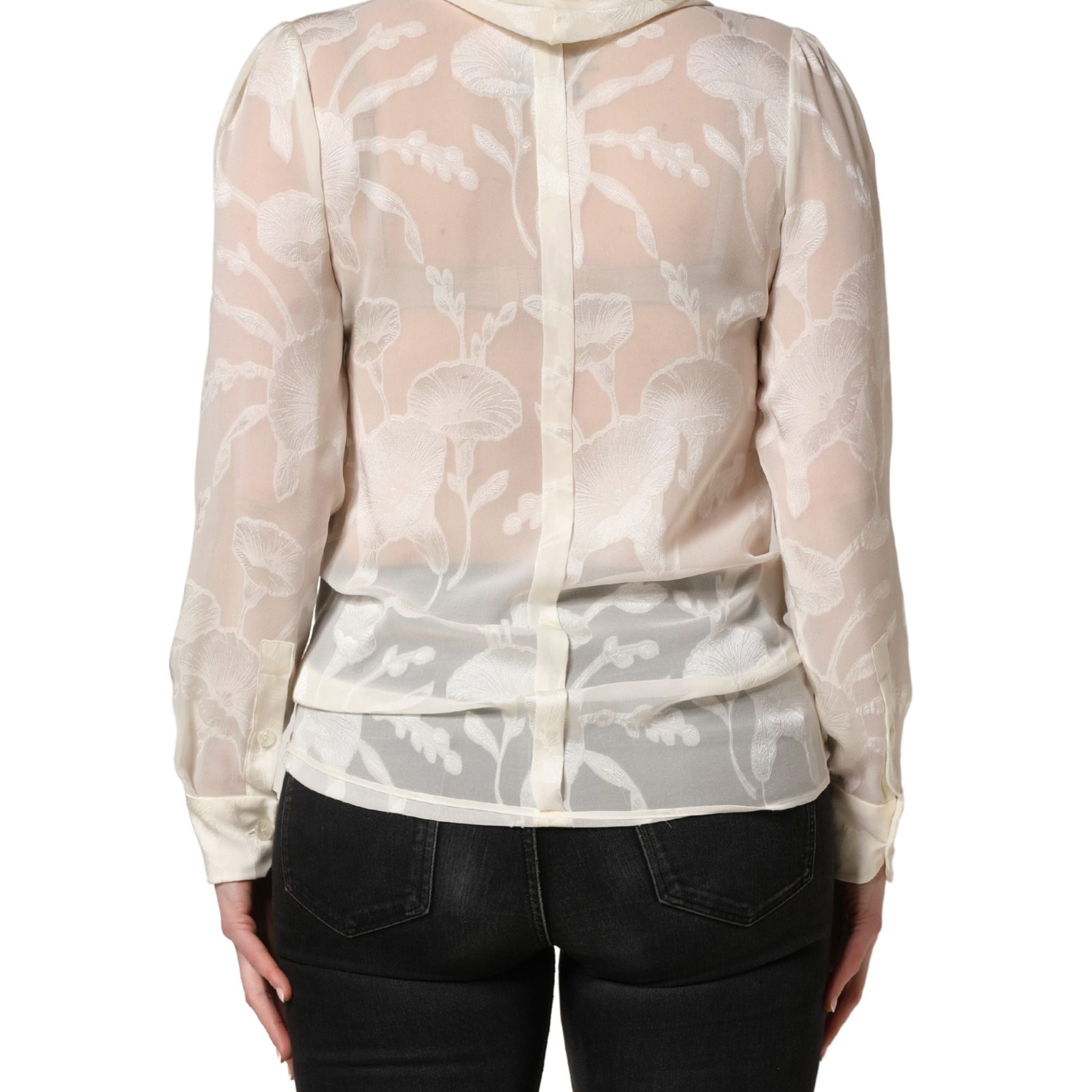 Dolce & Gabbana Off White Floral Semi Sheer Silk Blouse Top