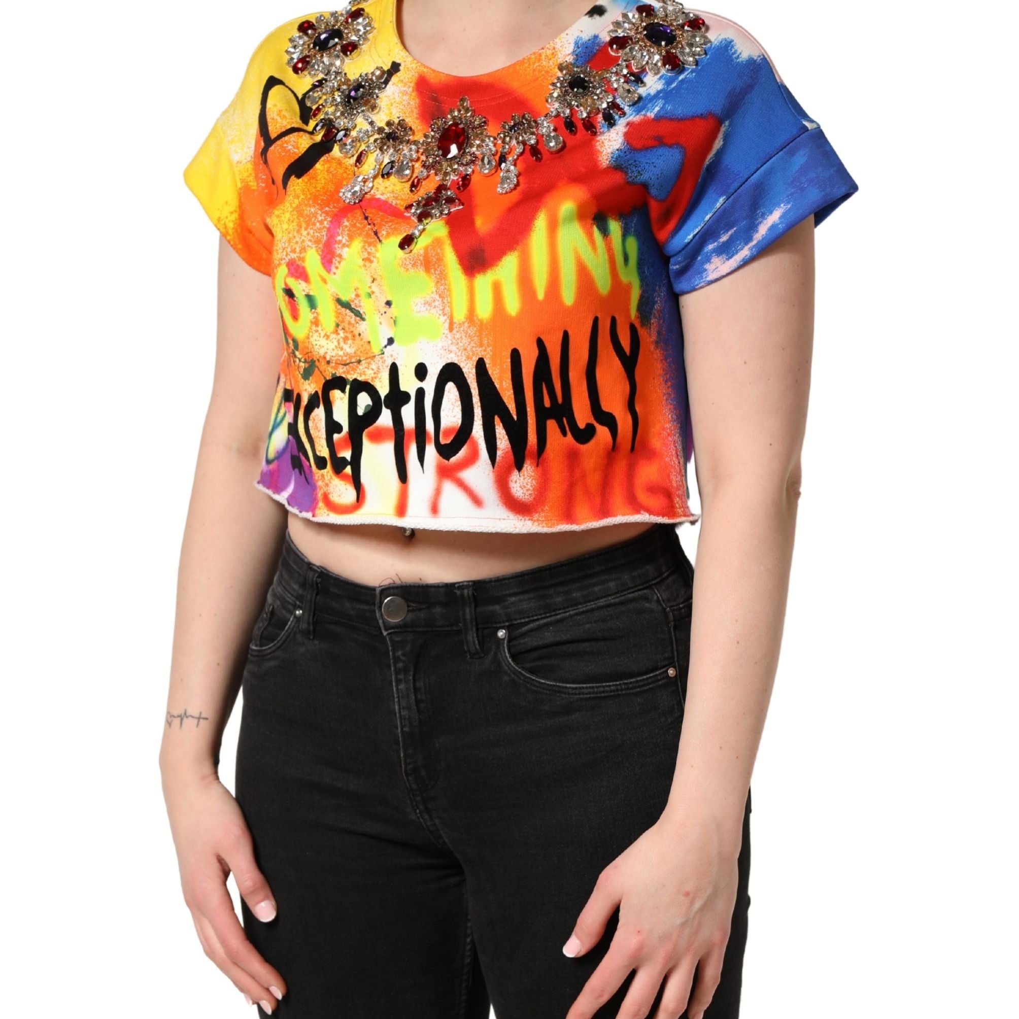 Dolce & Gabbana Multicolor Graffiti Crystals Crop Jersey Top