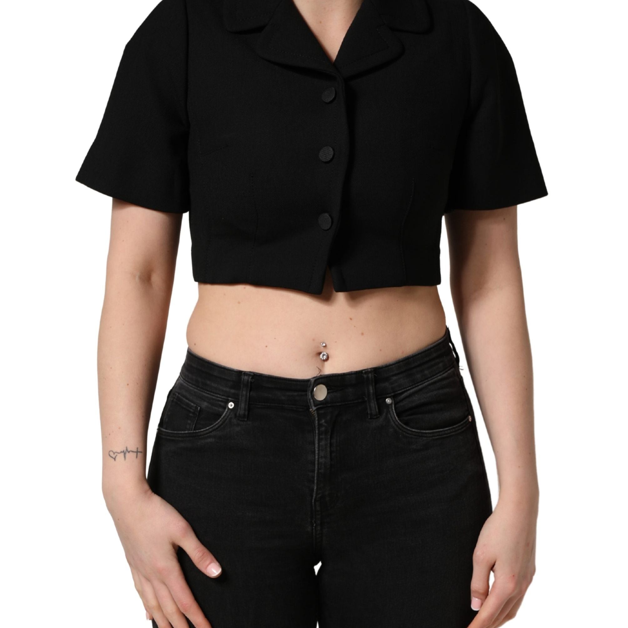 Dolce & Gabbana Black Collared Short Sleeves Cropped Blouse Top