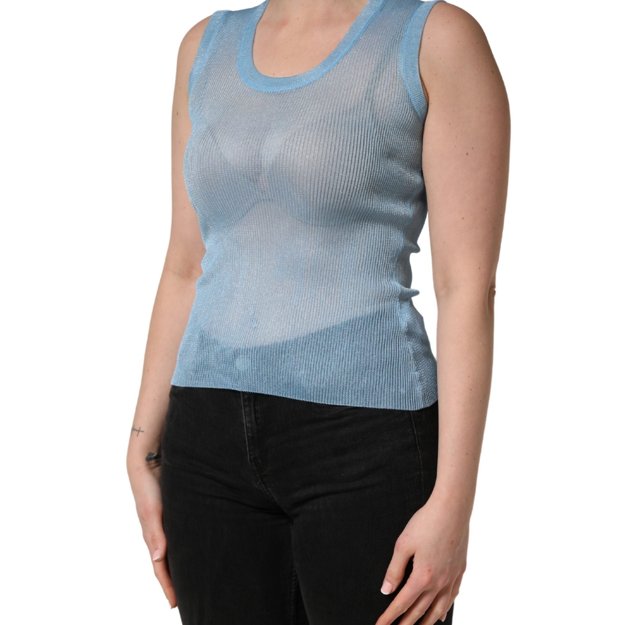 Dolce & Gabbana Blue Semi Sheer Ribbed Sleeveless Tank Top