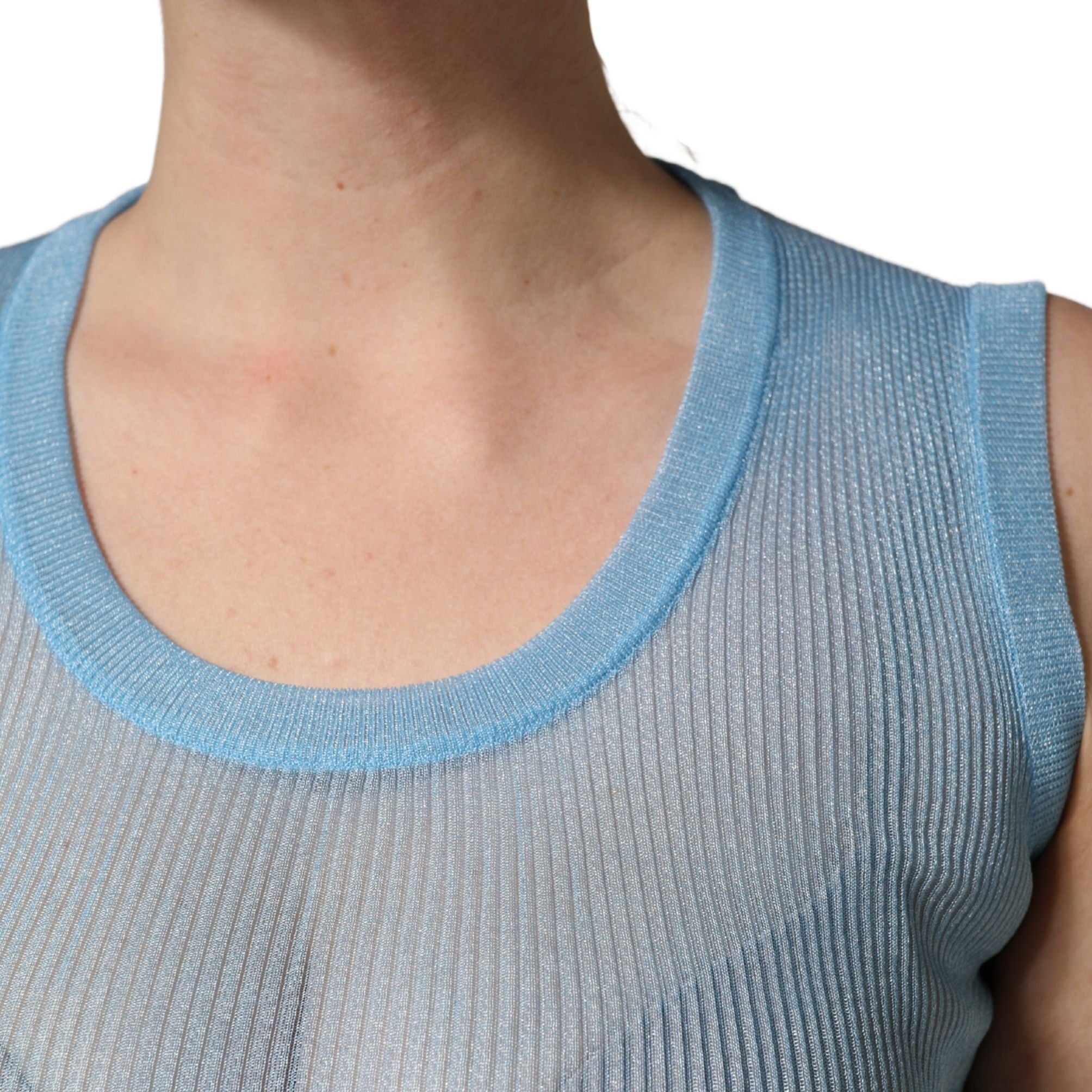 Dolce & Gabbana Blue Semi Sheer Ribbed Sleeveless Tank Top