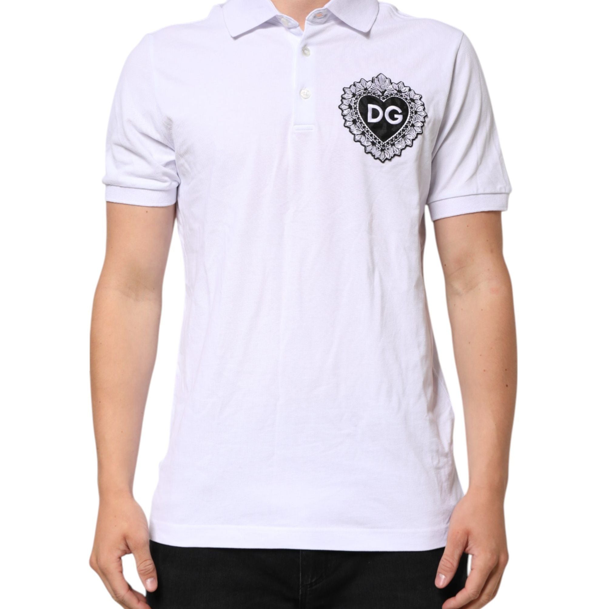Dolce & Gabbana White Cotton DG Logo Heart Men Polo  T-shirt