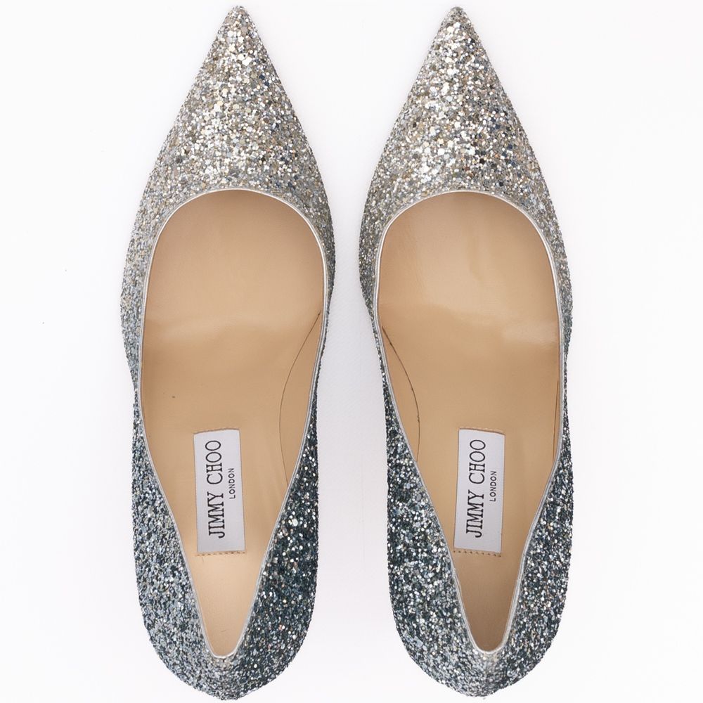 Jimmy Choo Silver Coarse Glitter Degrade Agnes Pumps