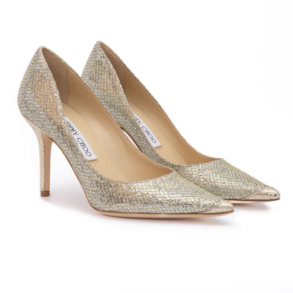 Jimmy Choo Gold Glitter Fabric Agnes Pumps
