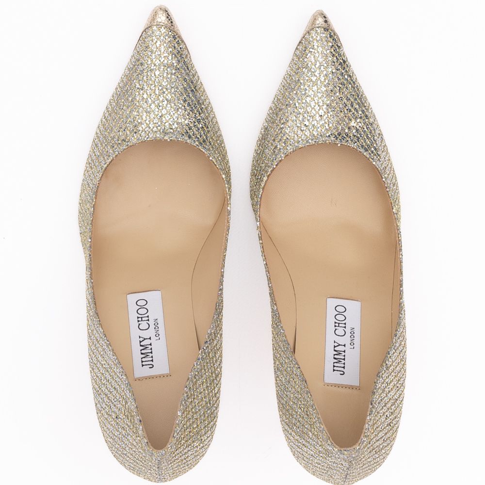 Jimmy Choo Gold Glitter Fabric Agnes Pumps
