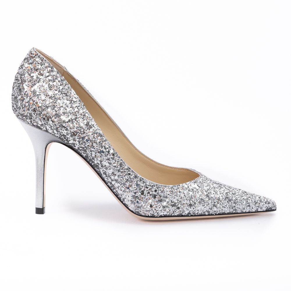 Jimmy Choo Silver Coarse Glitter Fabric Agnes Pumps