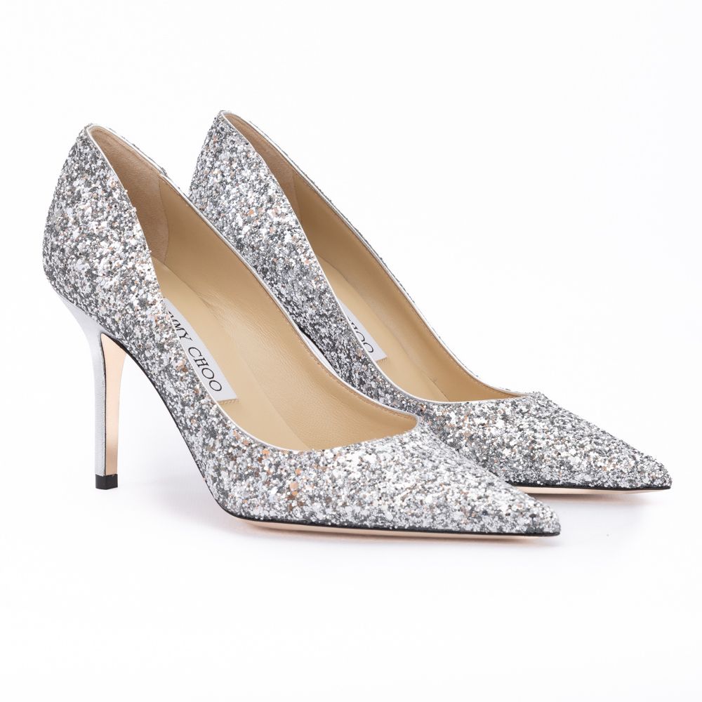 Jimmy Choo Silver Coarse Glitter Fabric Agnes Pumps