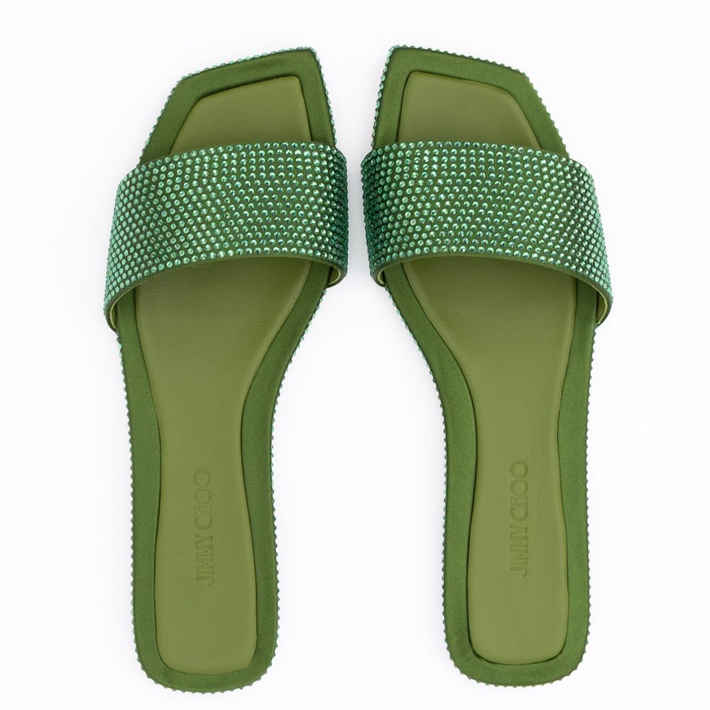 Jimmy Choo Green Satin Crystal Clovis Flat