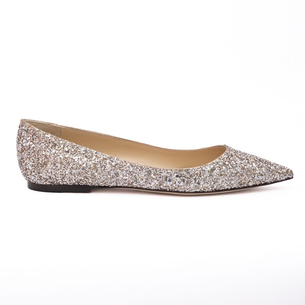 Jimmy Choo Rose Gold Glitter Fabric Alina Ballet Flat