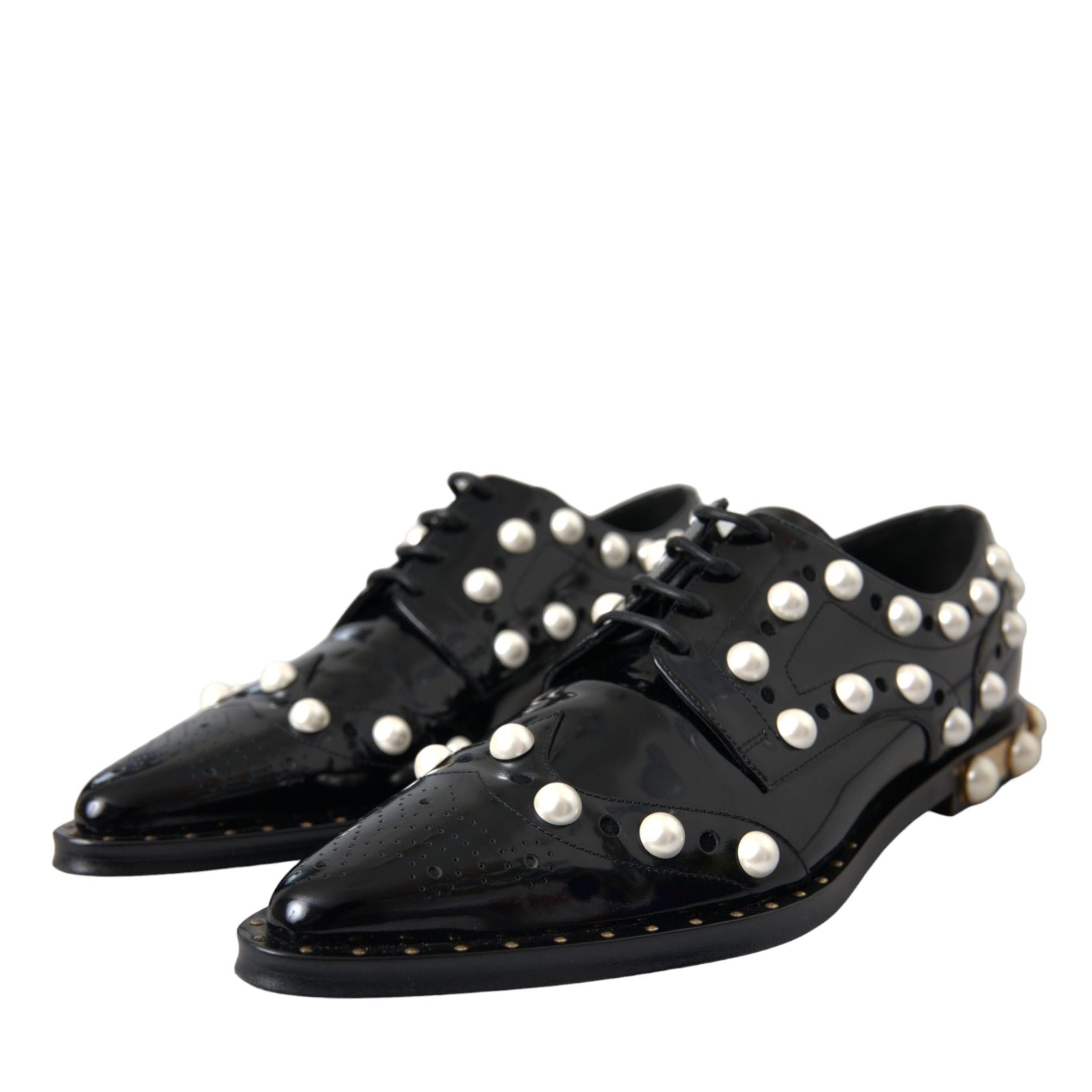 Dolce & Gabbana Black Leather Faux Pearl Dress Brogue Shoes
