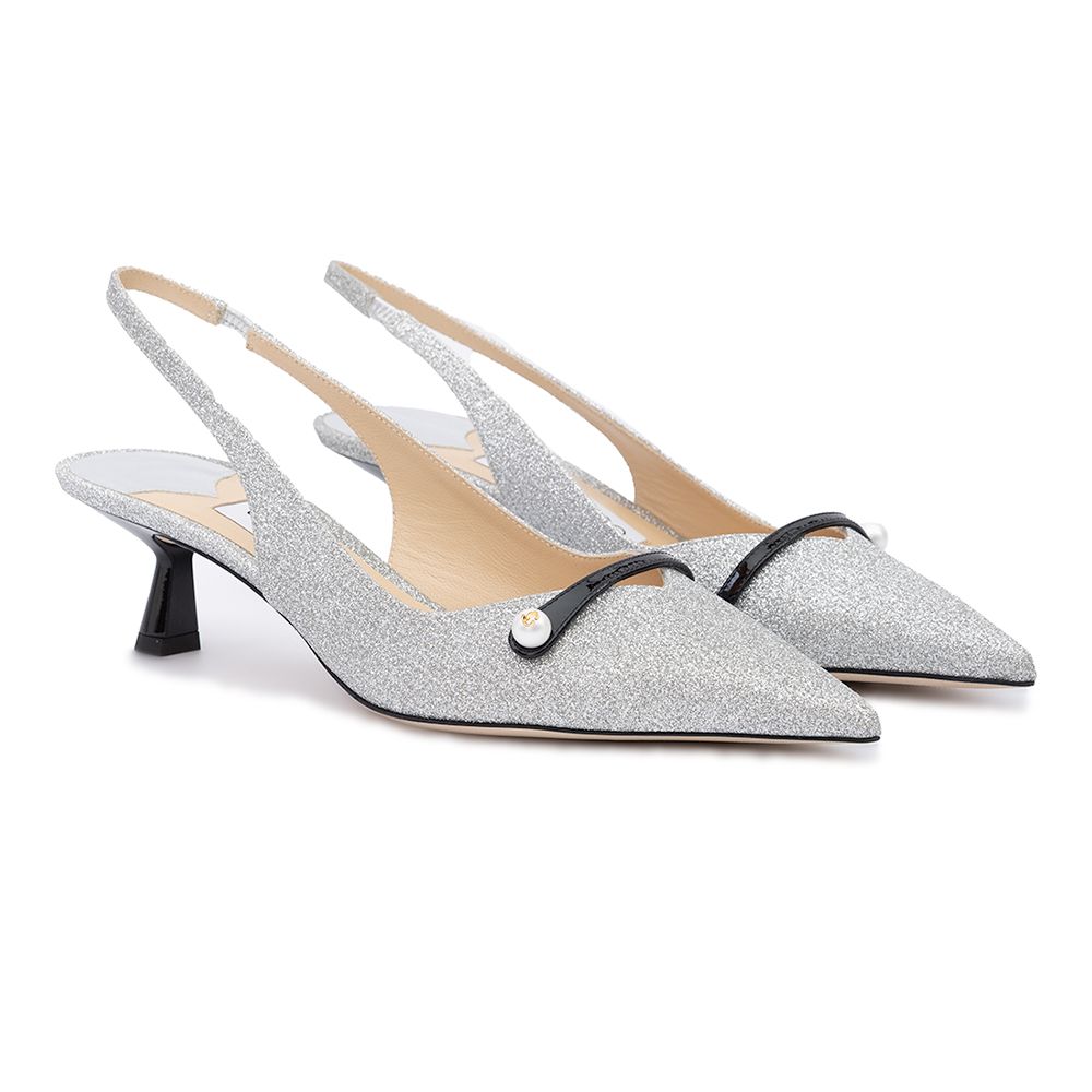 Jimmy Choo Silver Fine Glitter Amita 45 Slingback Pumps