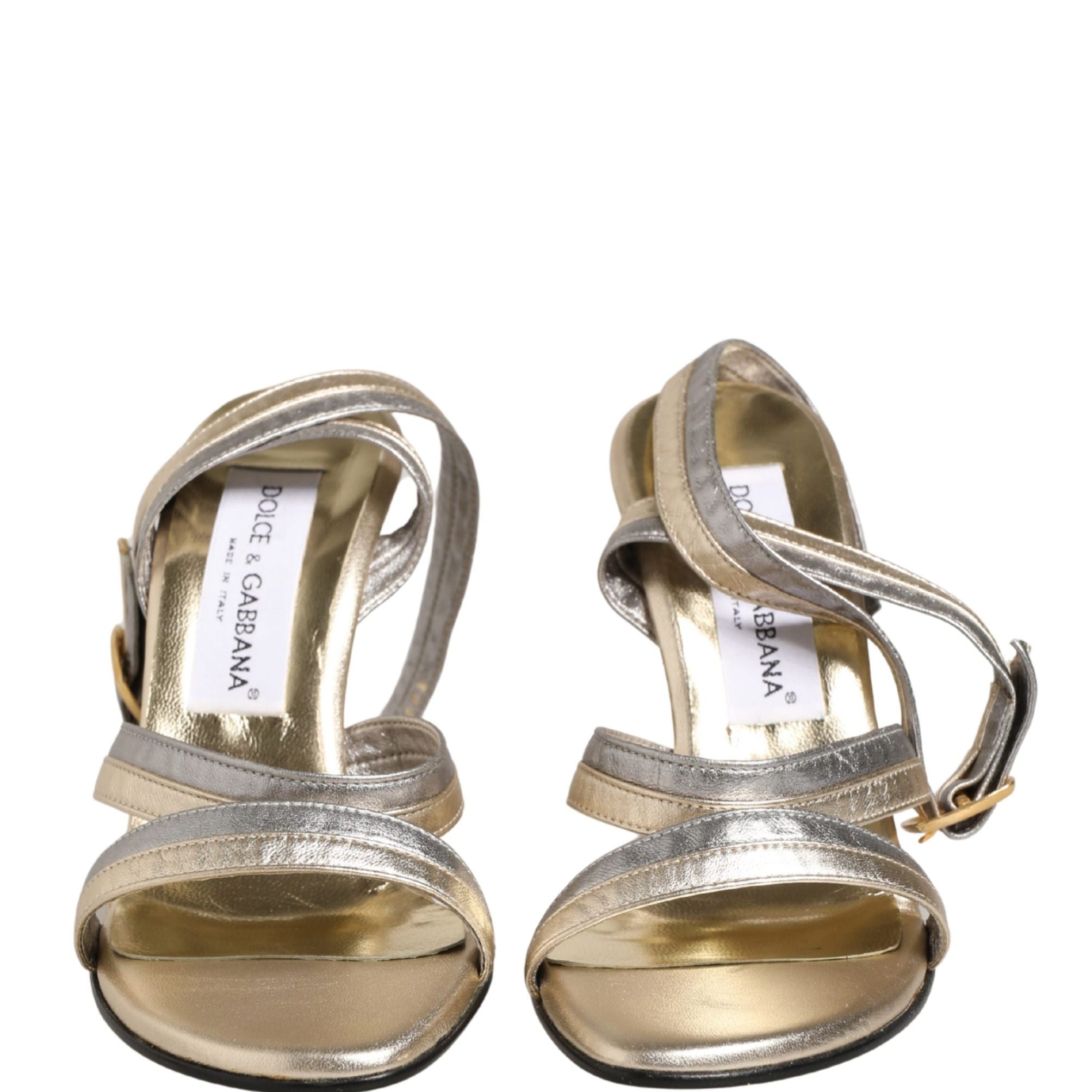 Dolce & Gabbana Gold Silver Leather Wedge Heels Sandals Shoes