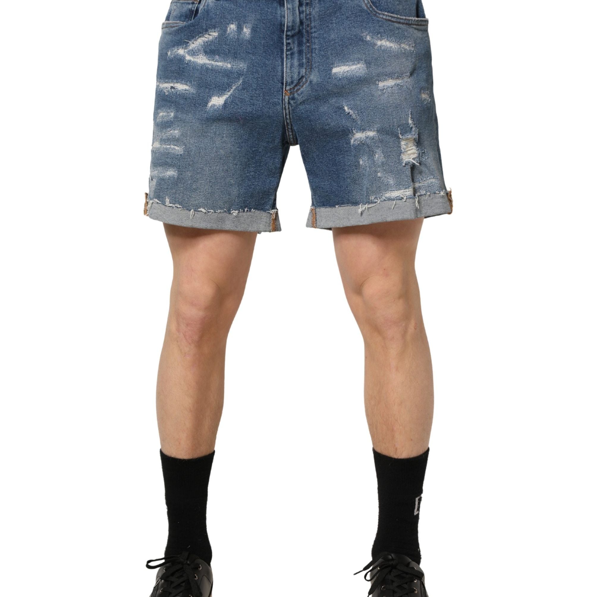 Dolce & Gabbana Blue Cotton Distressed Denim Bermuda Shorts