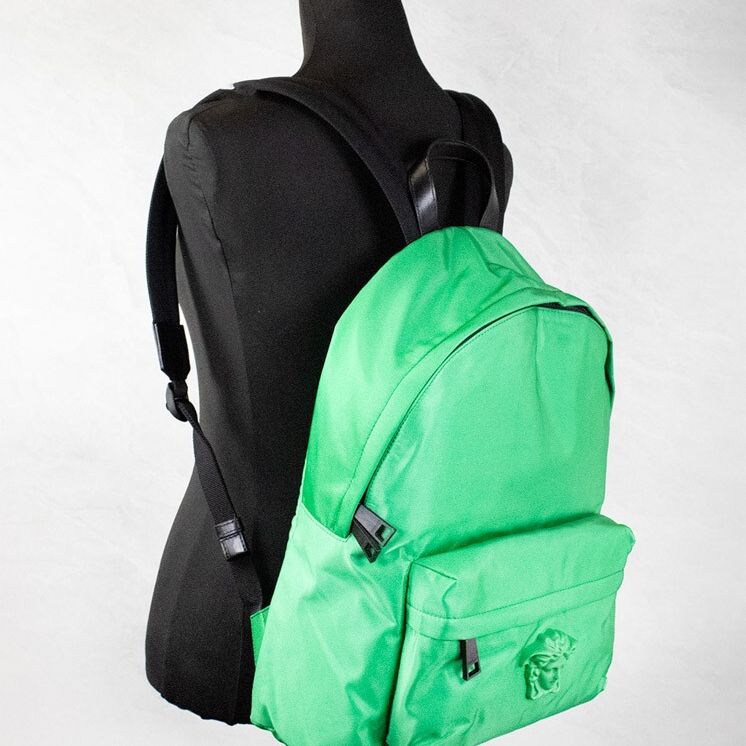Versace Large Bright Green Nylon Fabric Medusa Shoulder Backpack Bookbag