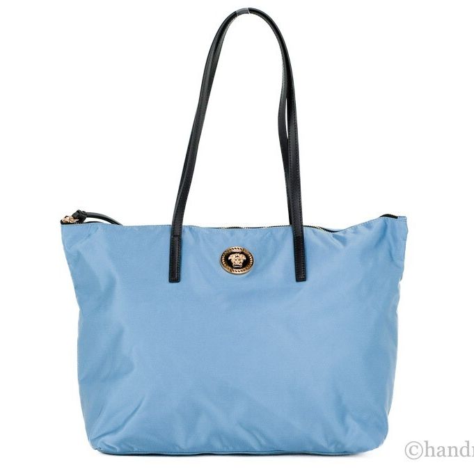 Versace Portuna Medusa Medium Cornflower Blue Nylon Leather Tote Bag Purse
