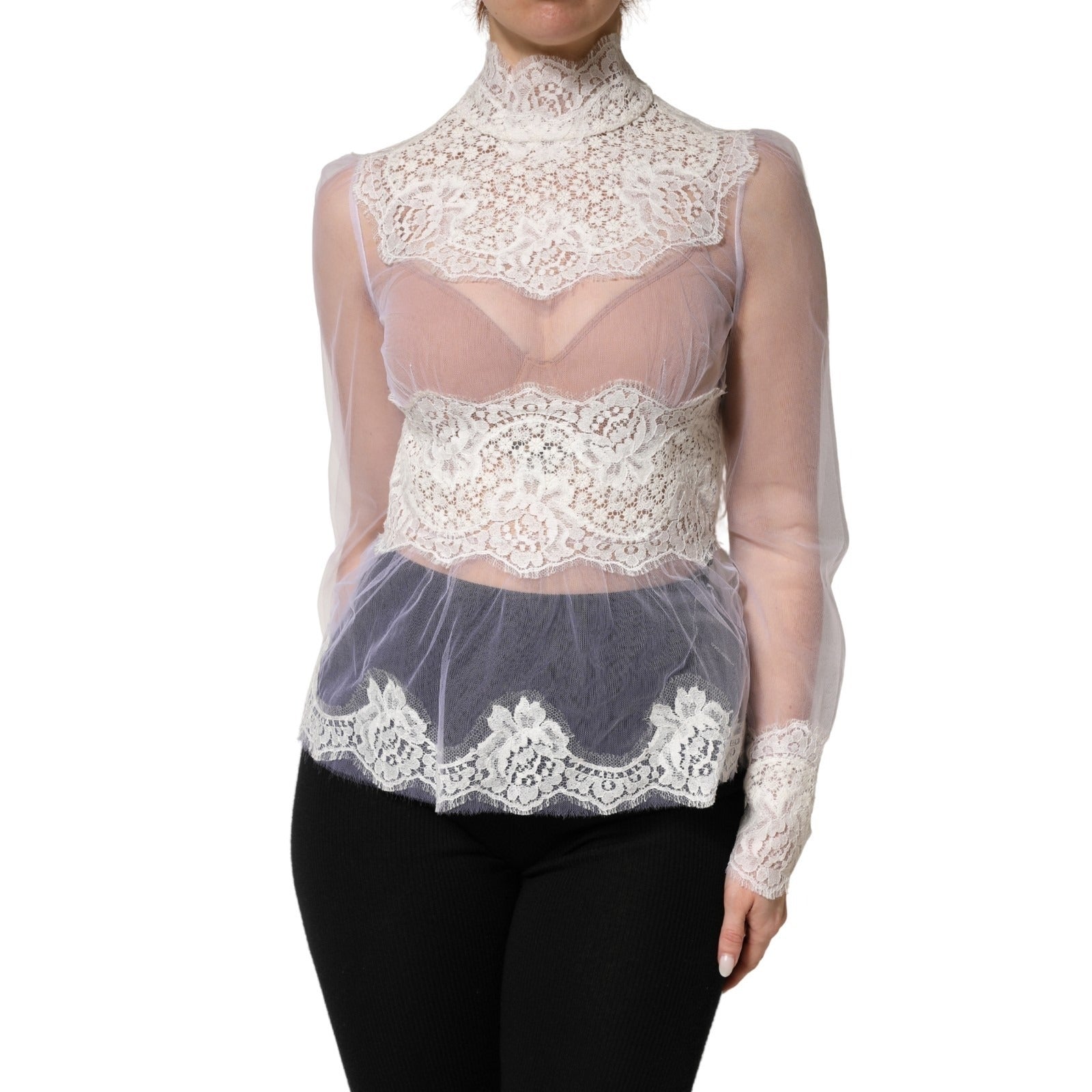Dolce & Gabbana White Nylon Lace Tulle Sheer Long Sleeve Top