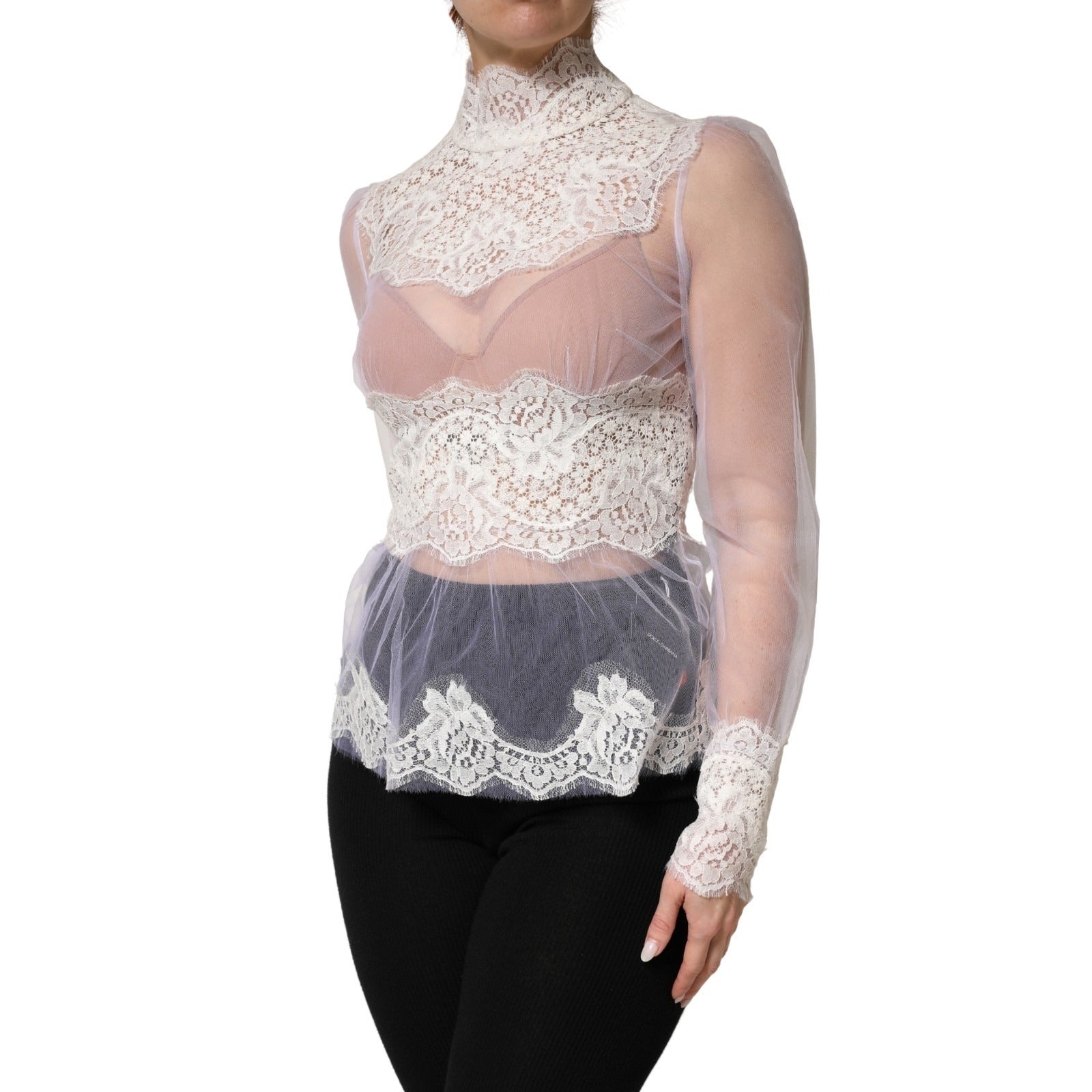 Dolce & Gabbana White Nylon Lace Tulle Sheer Long Sleeve Top