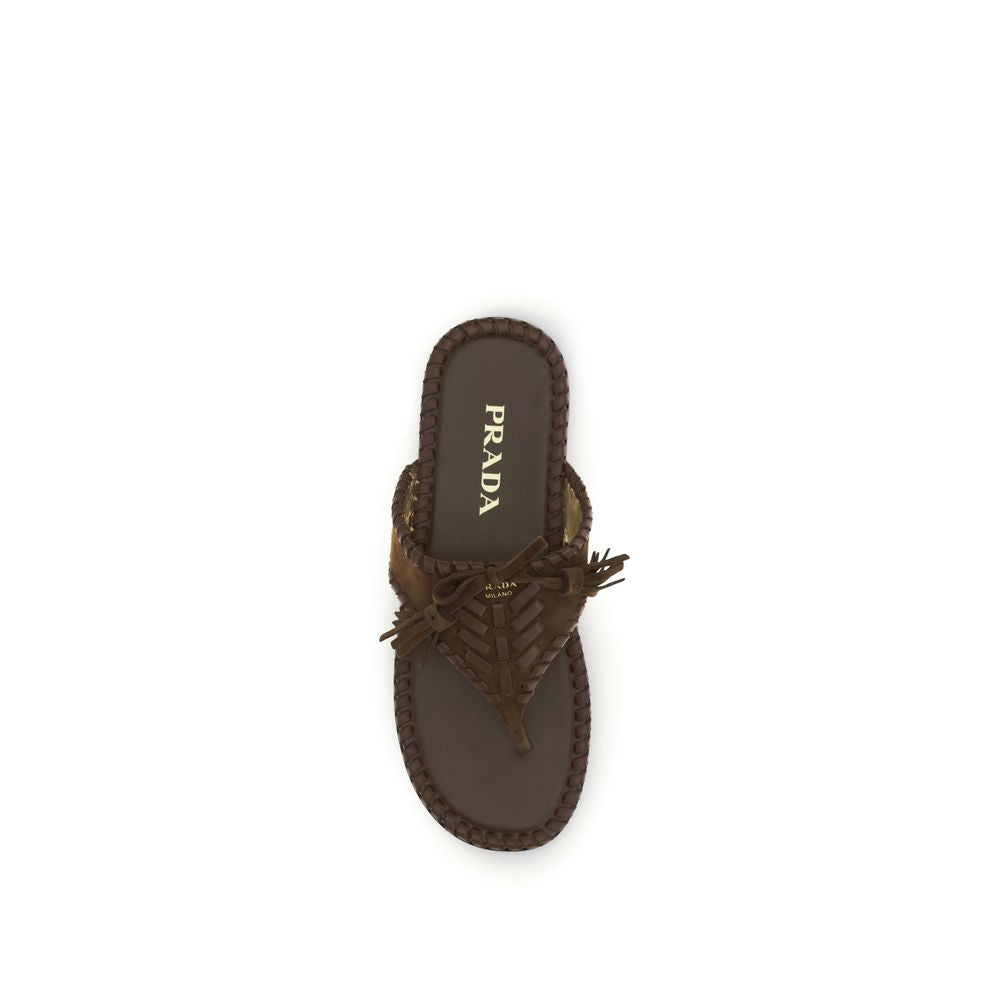 Prada Brown Calf Leather Bos Taurus Flat Sandals