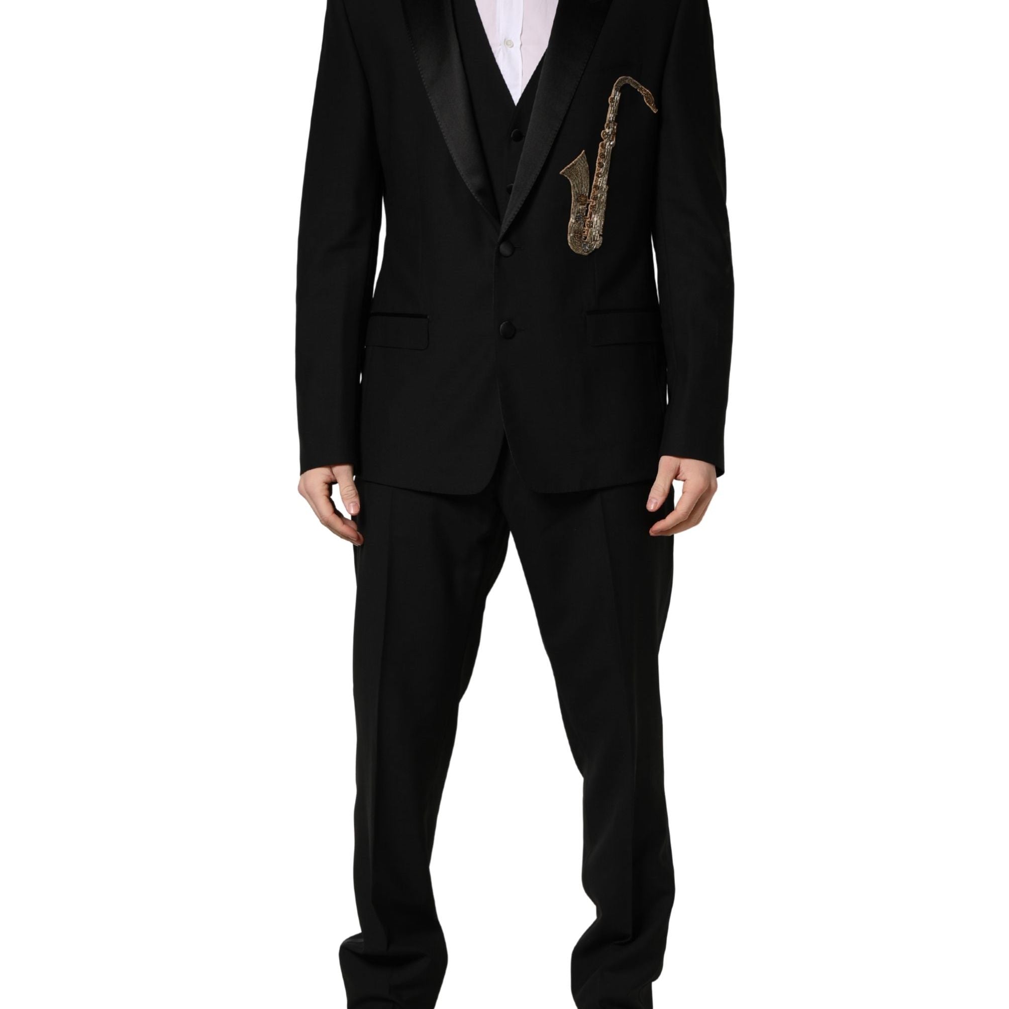 Dolce & Gabbana Black Wool Silk Saxophone Slim Fit 3Pc Suit
