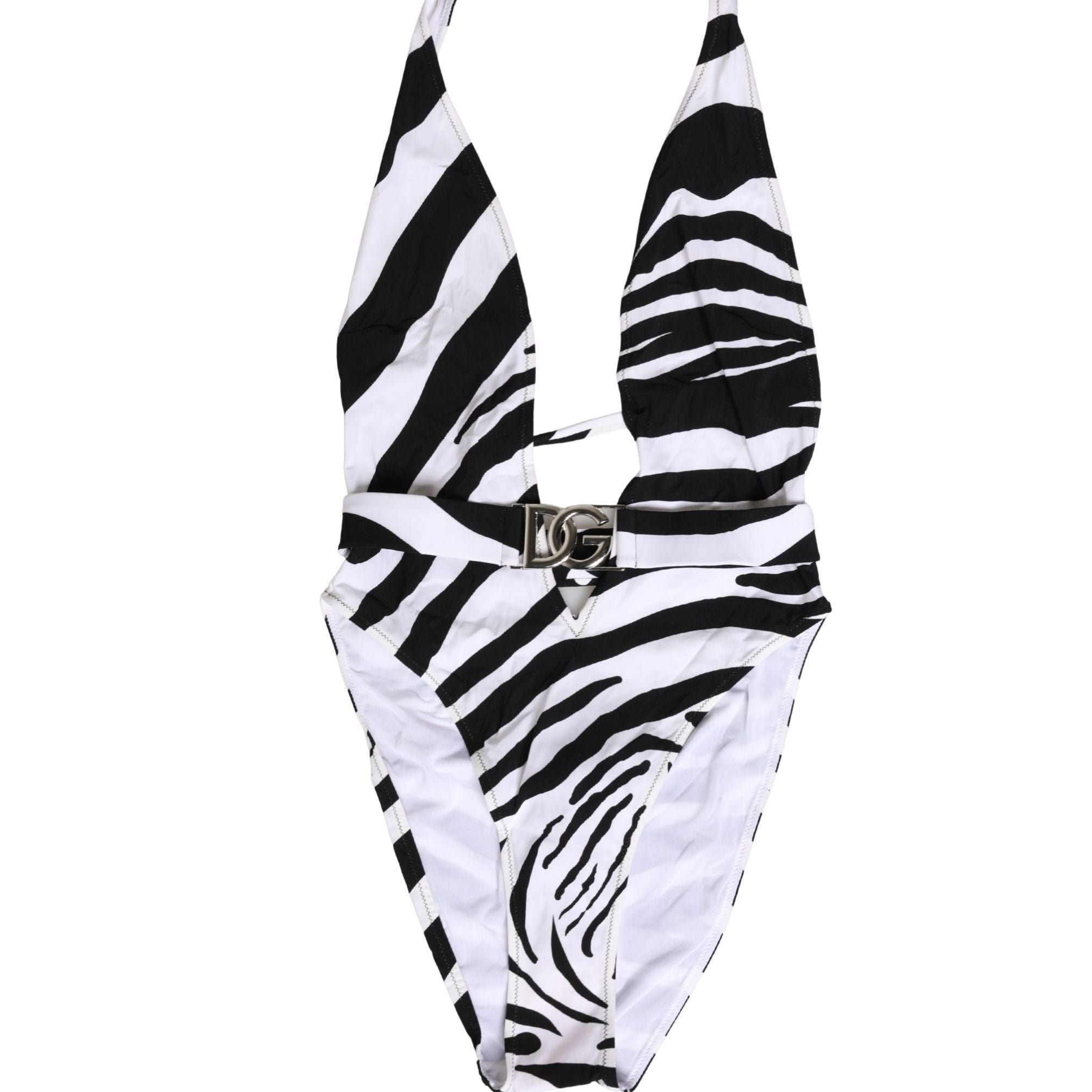 Dolce & Gabbana Black White Zebra Deep V-Neck One Piece Swimwear