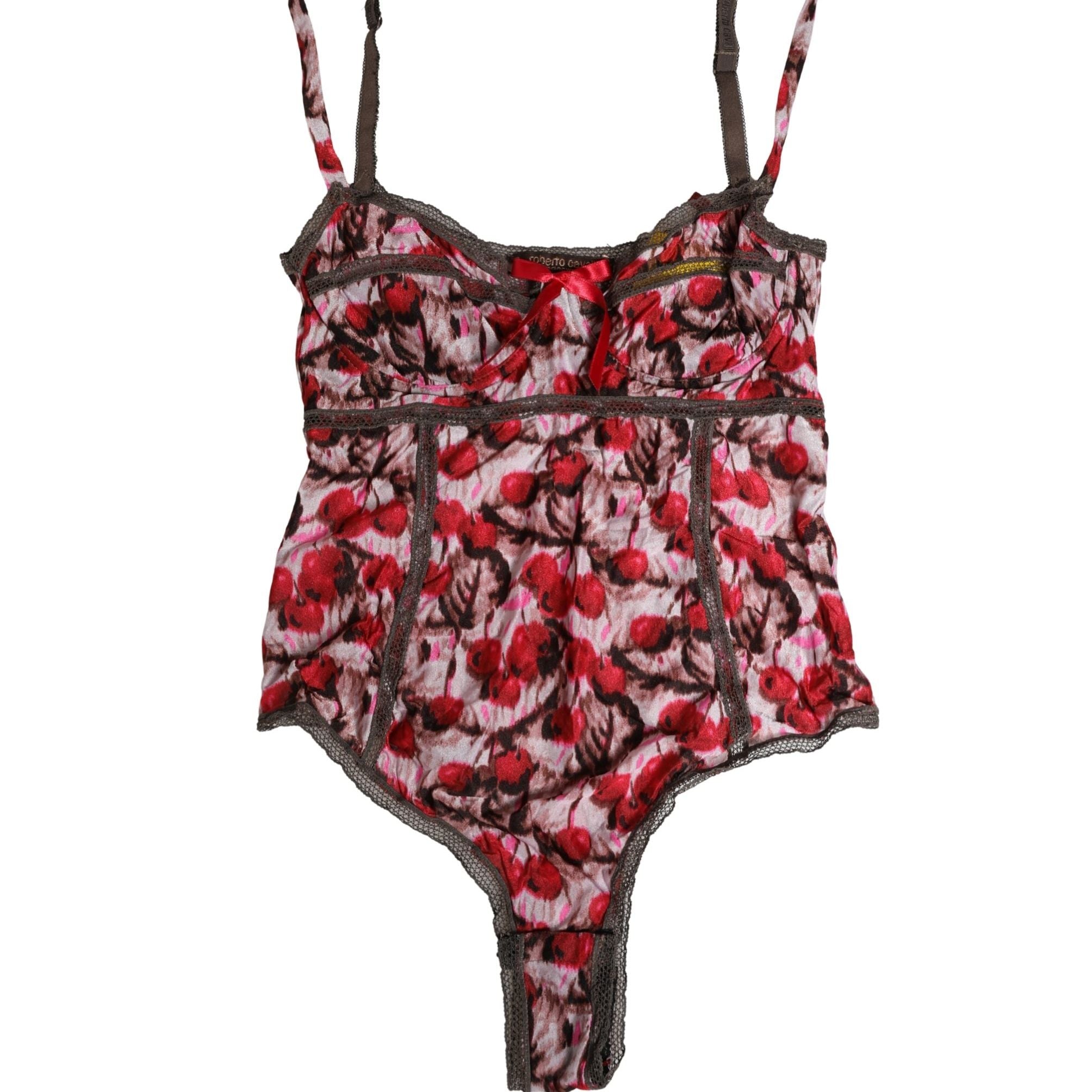 Roberto Cavalli Multicolor CherryPrint Lace Bodysuit Underwear