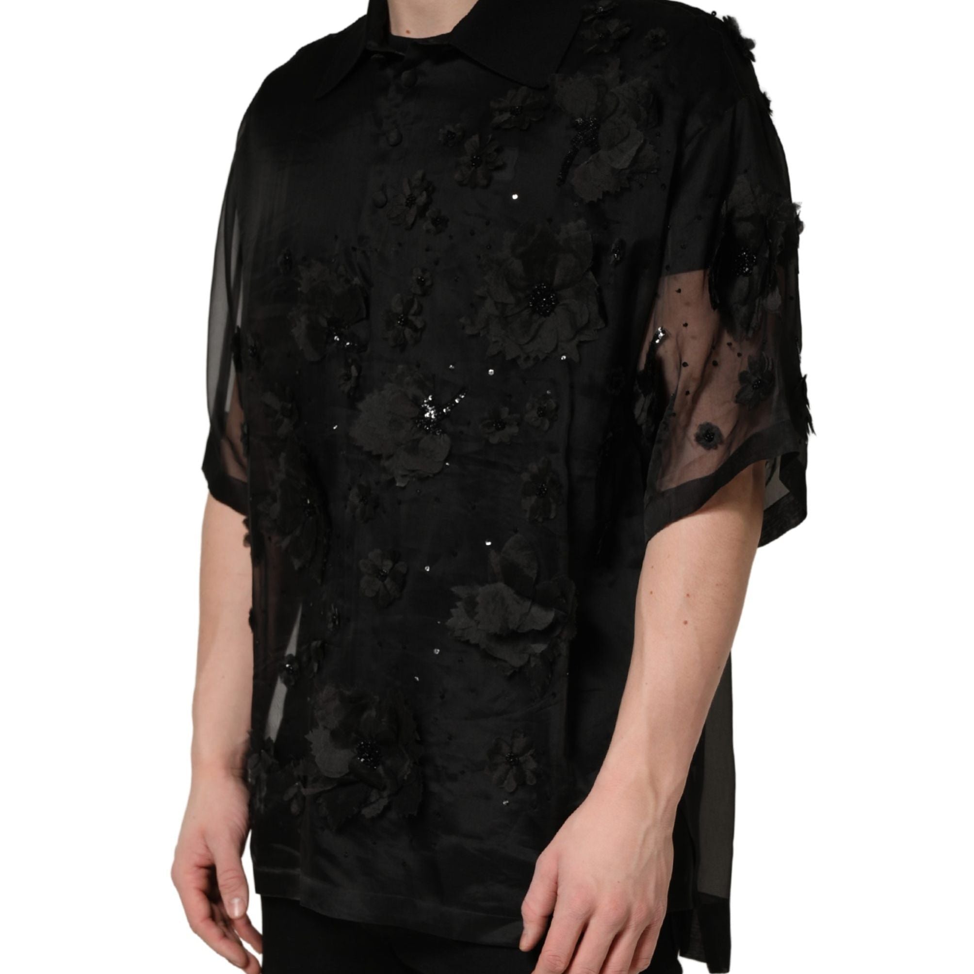 Dolce & Gabbana Black Floral Applique Sheer Short Sleeve Shirt