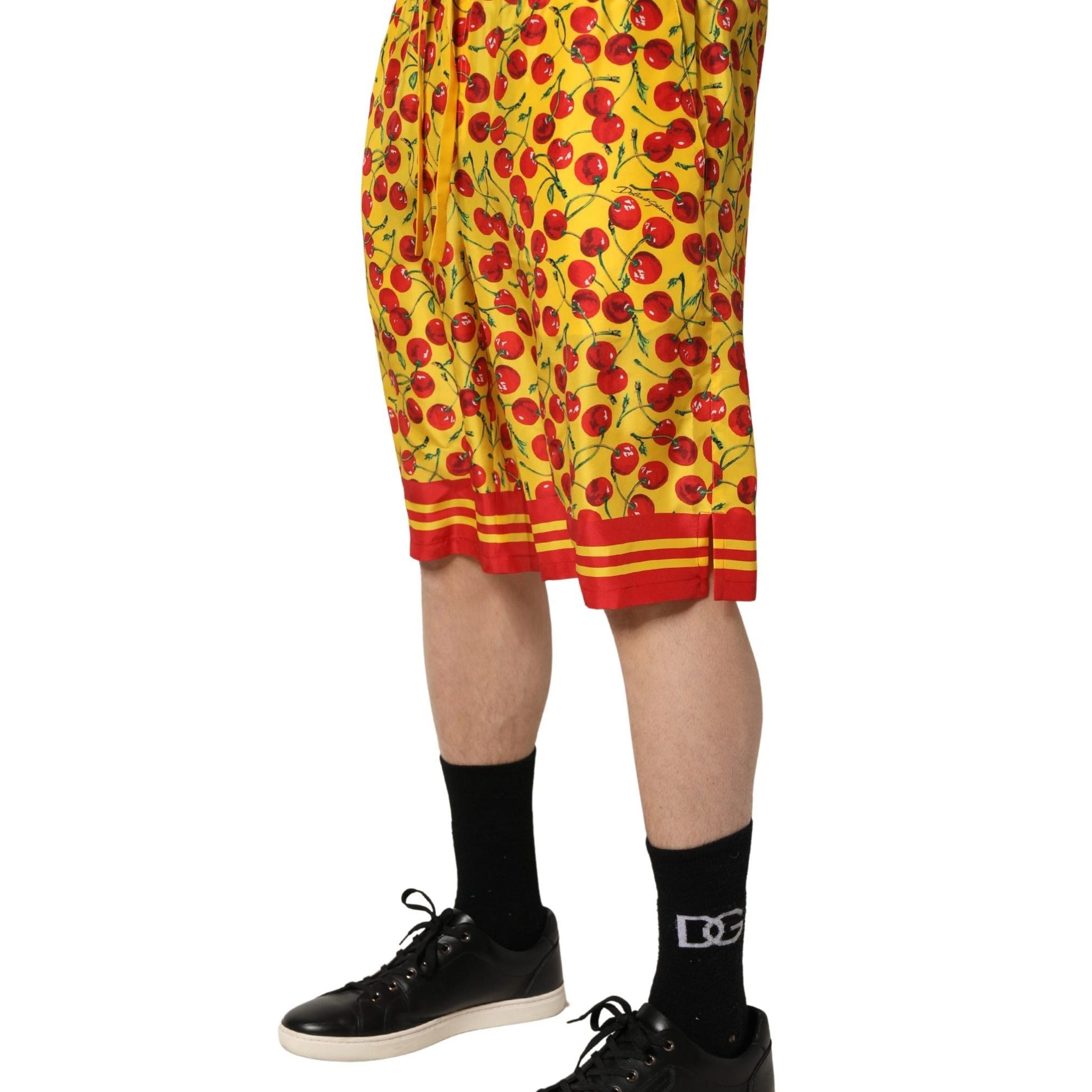 Dolce & Gabbana Yellow Red Cherry Print Silk Bermuda Shorts