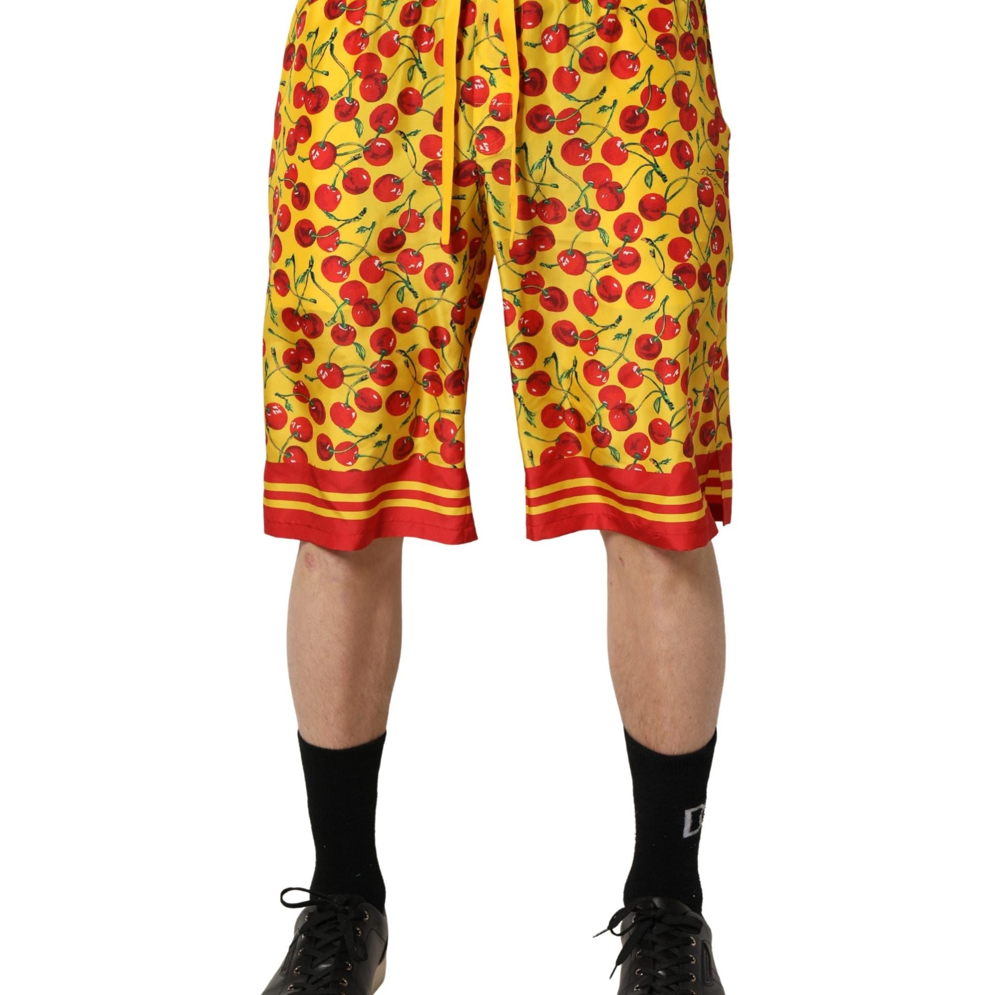 Dolce & Gabbana Yellow Red Cherry Print Silk Bermuda Shorts